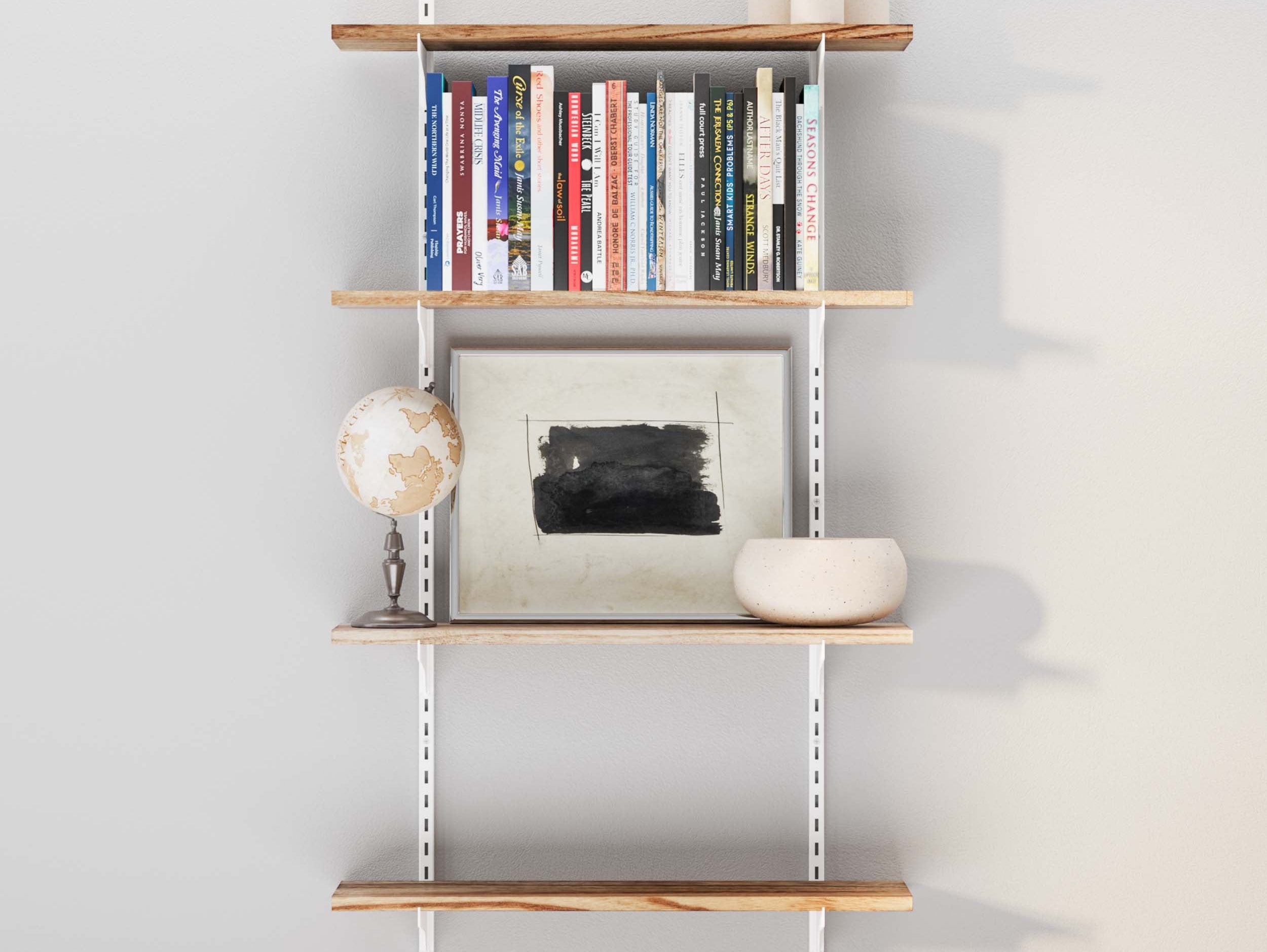 TURIN 24 inch 4-tier adjustable shelves in burnt finish on a studio apartment wall