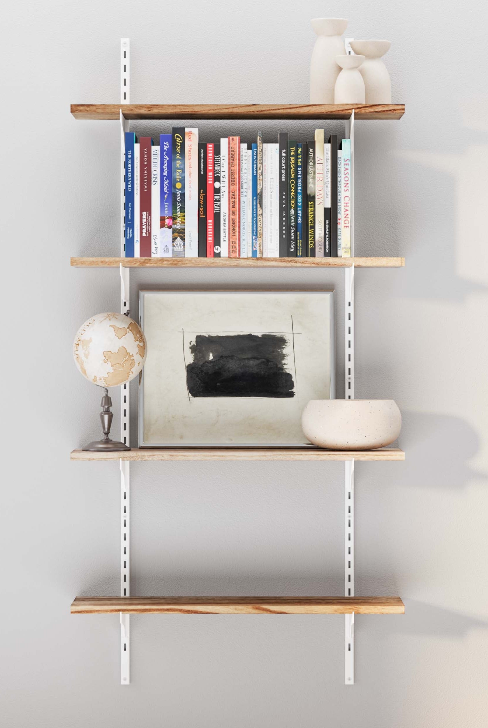 TURIN 24 inch 4-tier adjustable shelves in burnt finish on a studio apartment wall