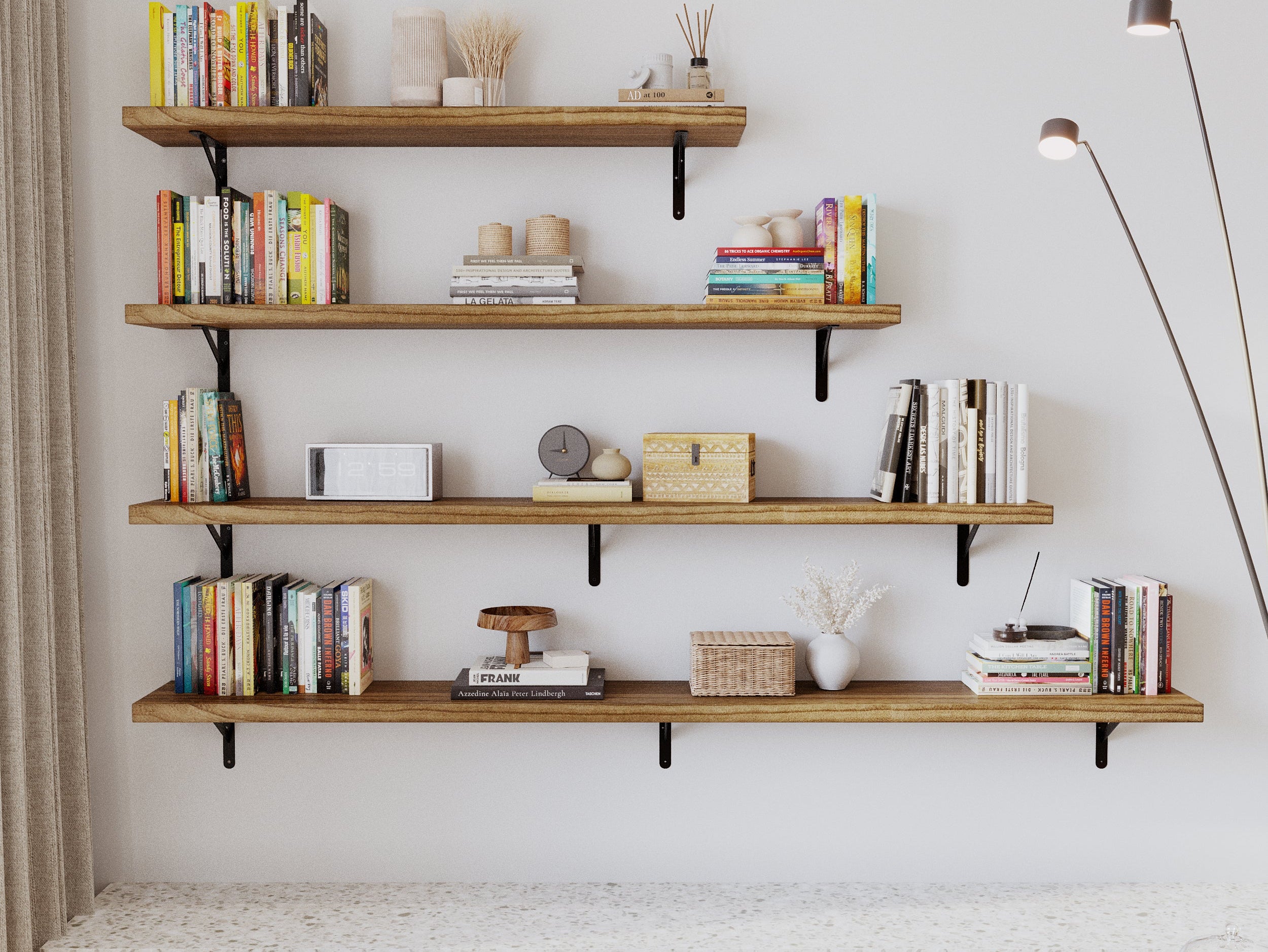 FORME rustic wall shelves in burnt finish styled for a farmhouse coffee bar