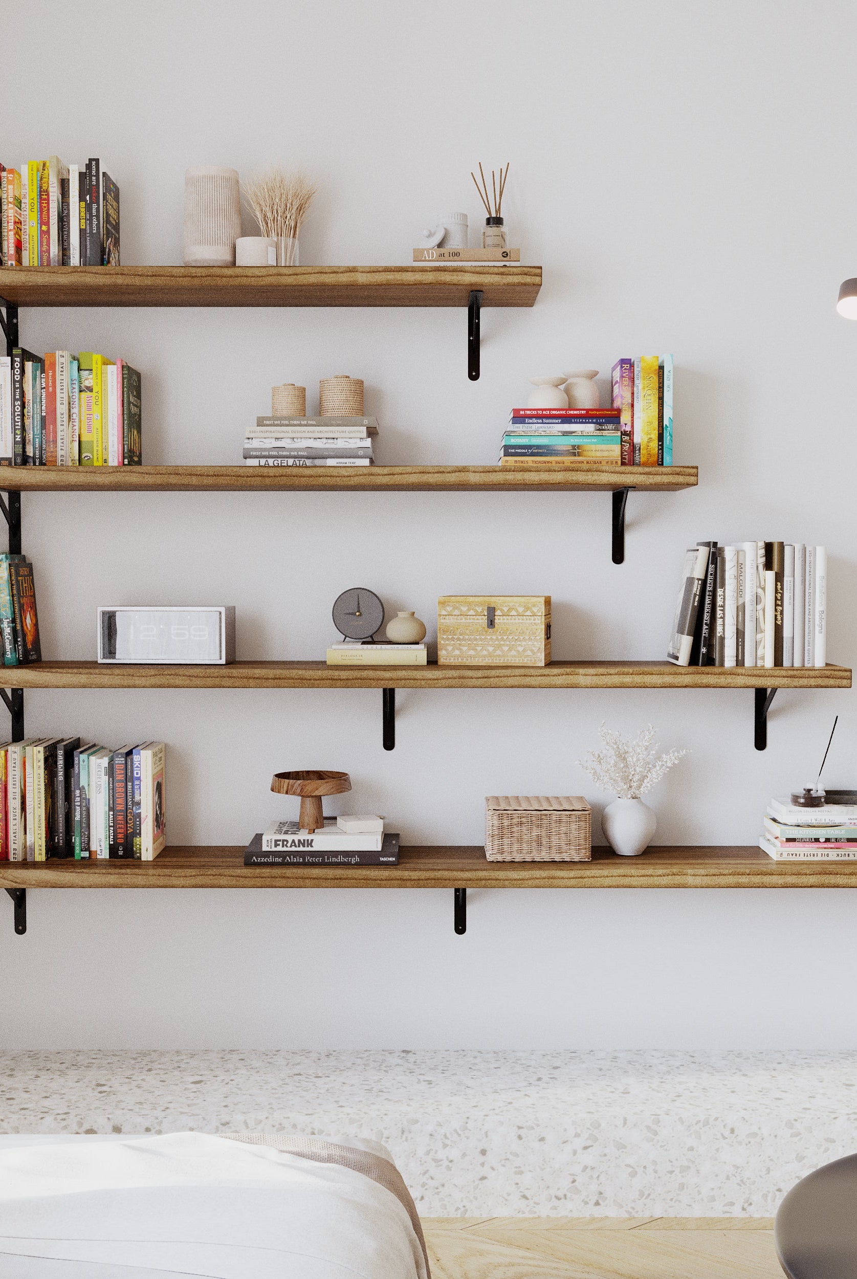 FORME rustic wall shelves in burnt finish styled for a farmhouse coffee bar