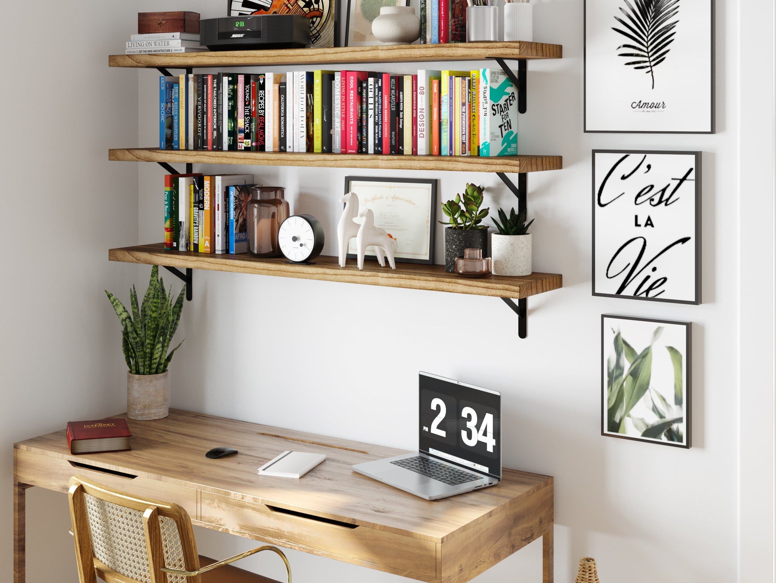 FORME burnt-finish floating shelves styled above a rustic desk in a home office