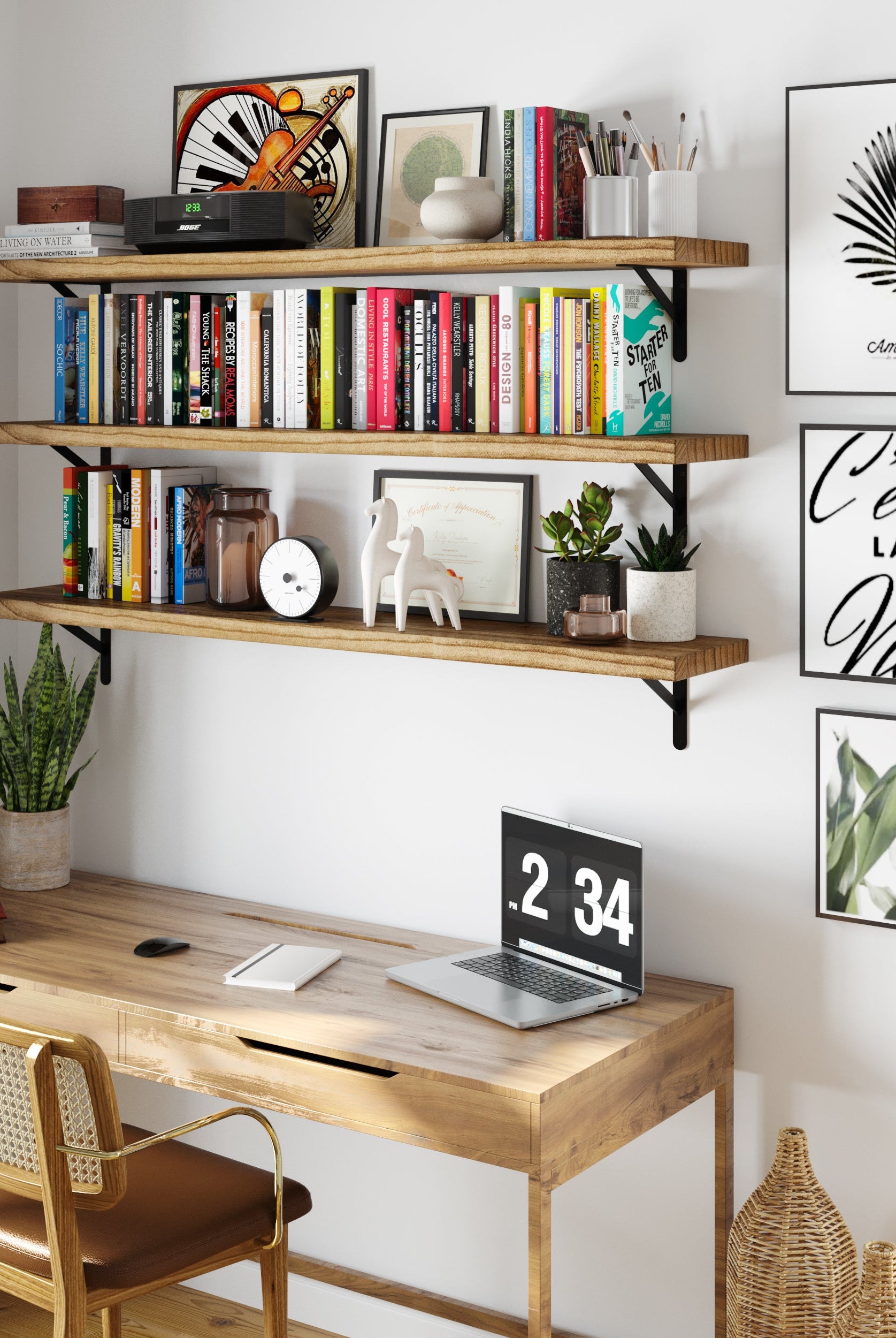 FORME burnt-finish floating shelves styled above a rustic desk in a home office