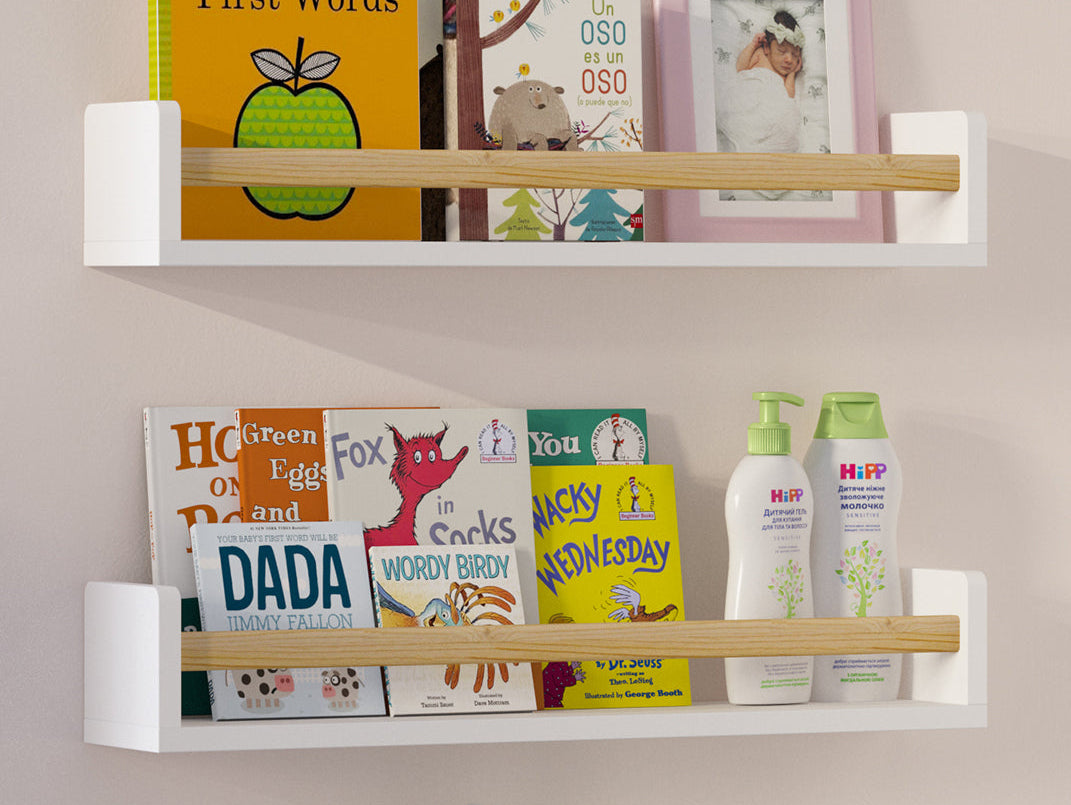 MADRID 24-inch white forward-facing kids book ledges styled in a nursery reading nook