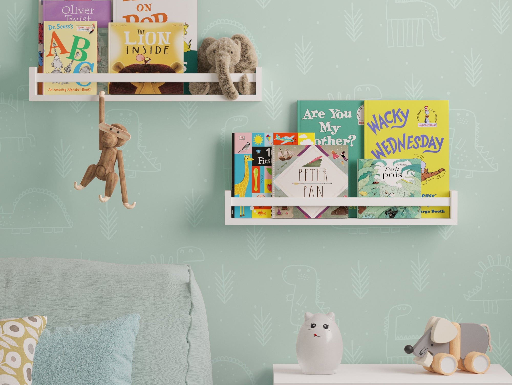 UTAH white kids book shelves styled as a toddler library wall in a nursery