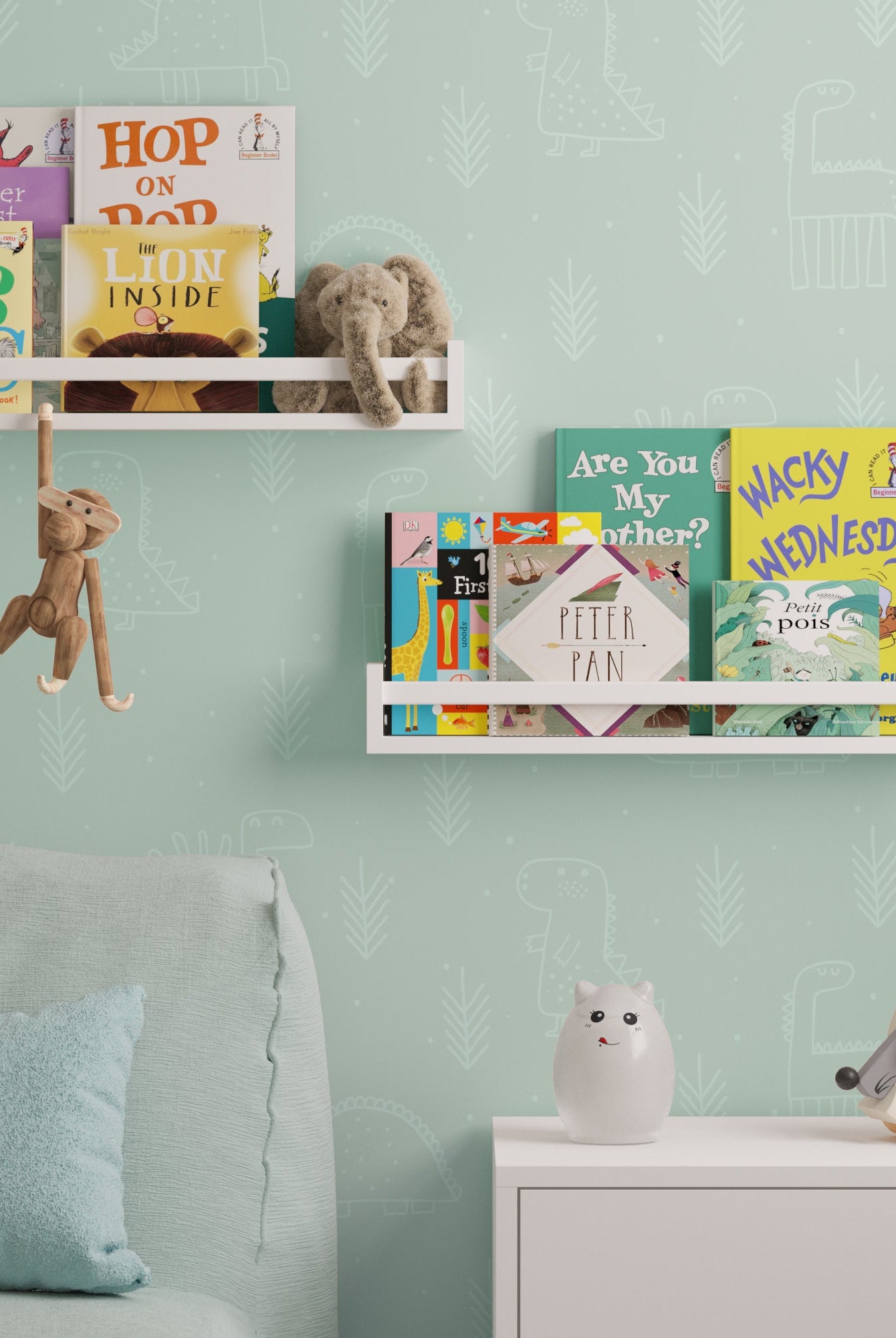UTAH white kids book shelves styled as a toddler library wall in a nursery