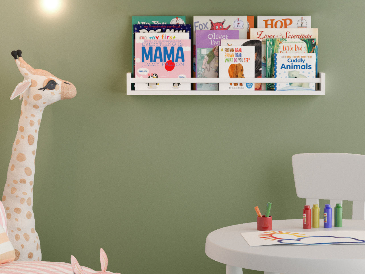 UTAH 32'' Kids Book Shelf in white, mounted in a child's bedroom with school books displayed cover-out
