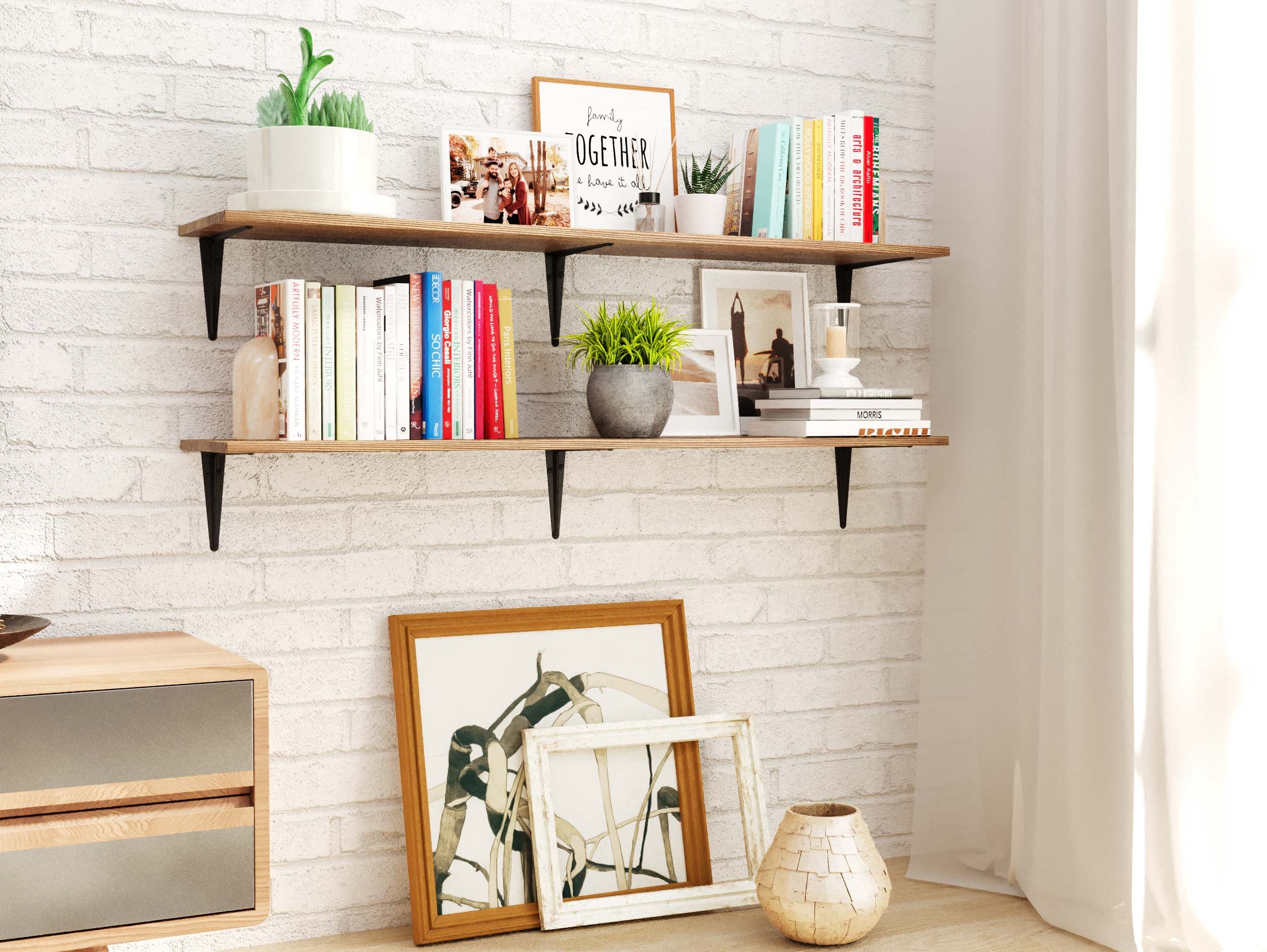 ARRAS burnt finish floating wall shelves styled with walnut wood accents in a farmhouse living room