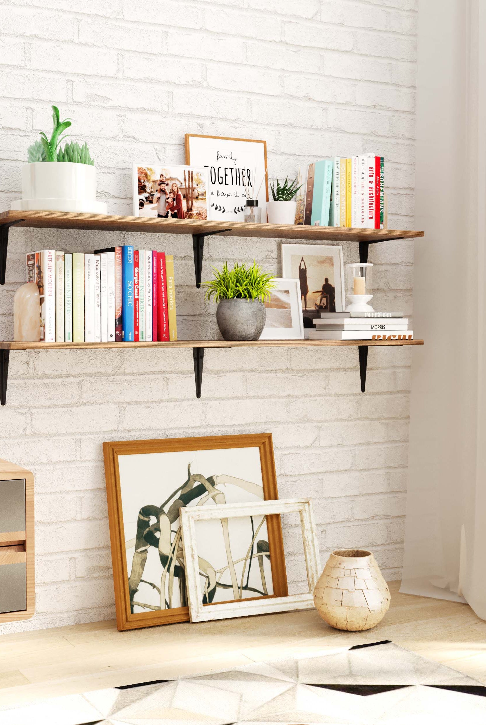 ARRAS burnt finish floating wall shelves styled with walnut wood accents in a farmhouse living room