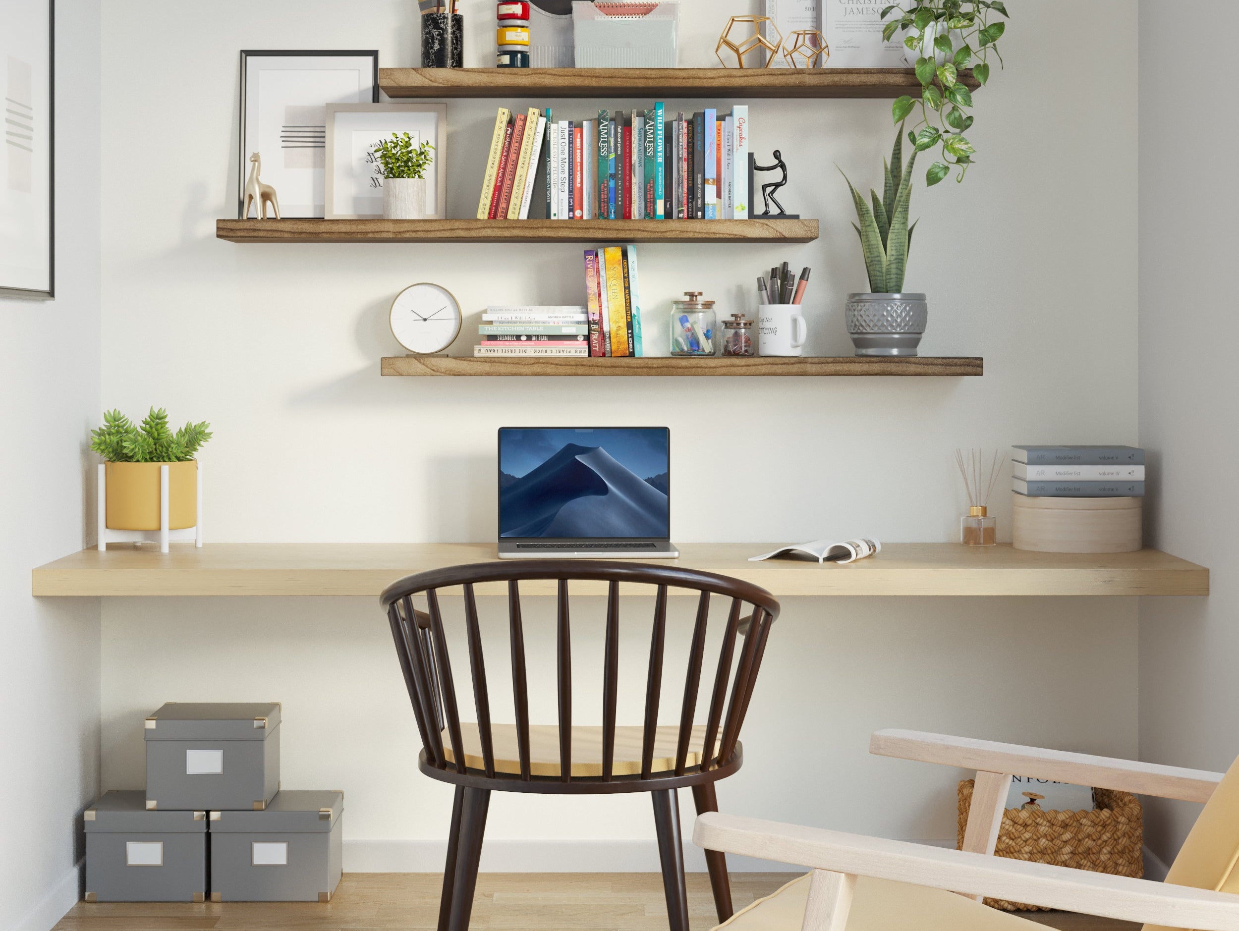 BOIS hidden-bracket floating shelf in burnt finish mounted on a home office wall