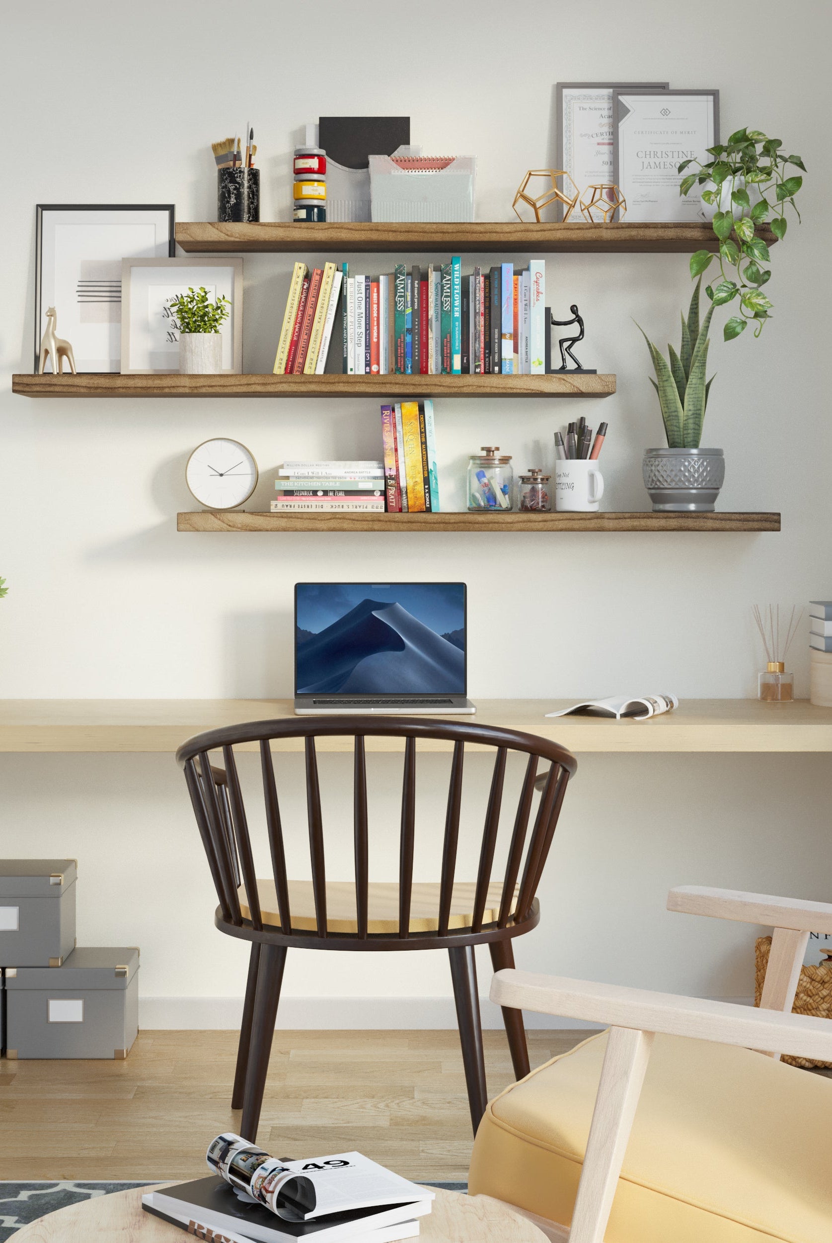 BOIS hidden-bracket floating shelf in burnt finish mounted on a home office wall