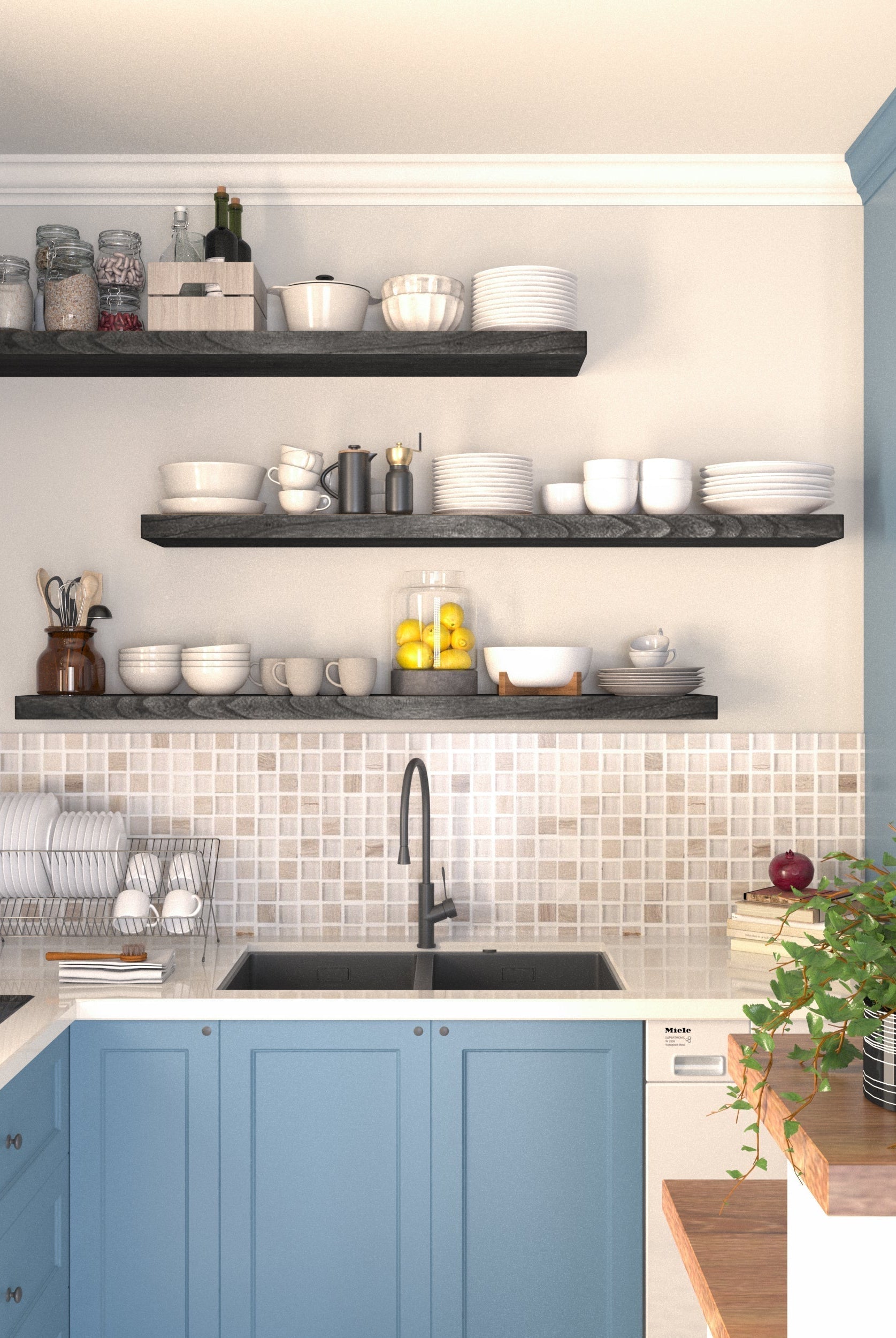 3 long floating shelves with hidden bracket system mounted on a kitchen's white wall