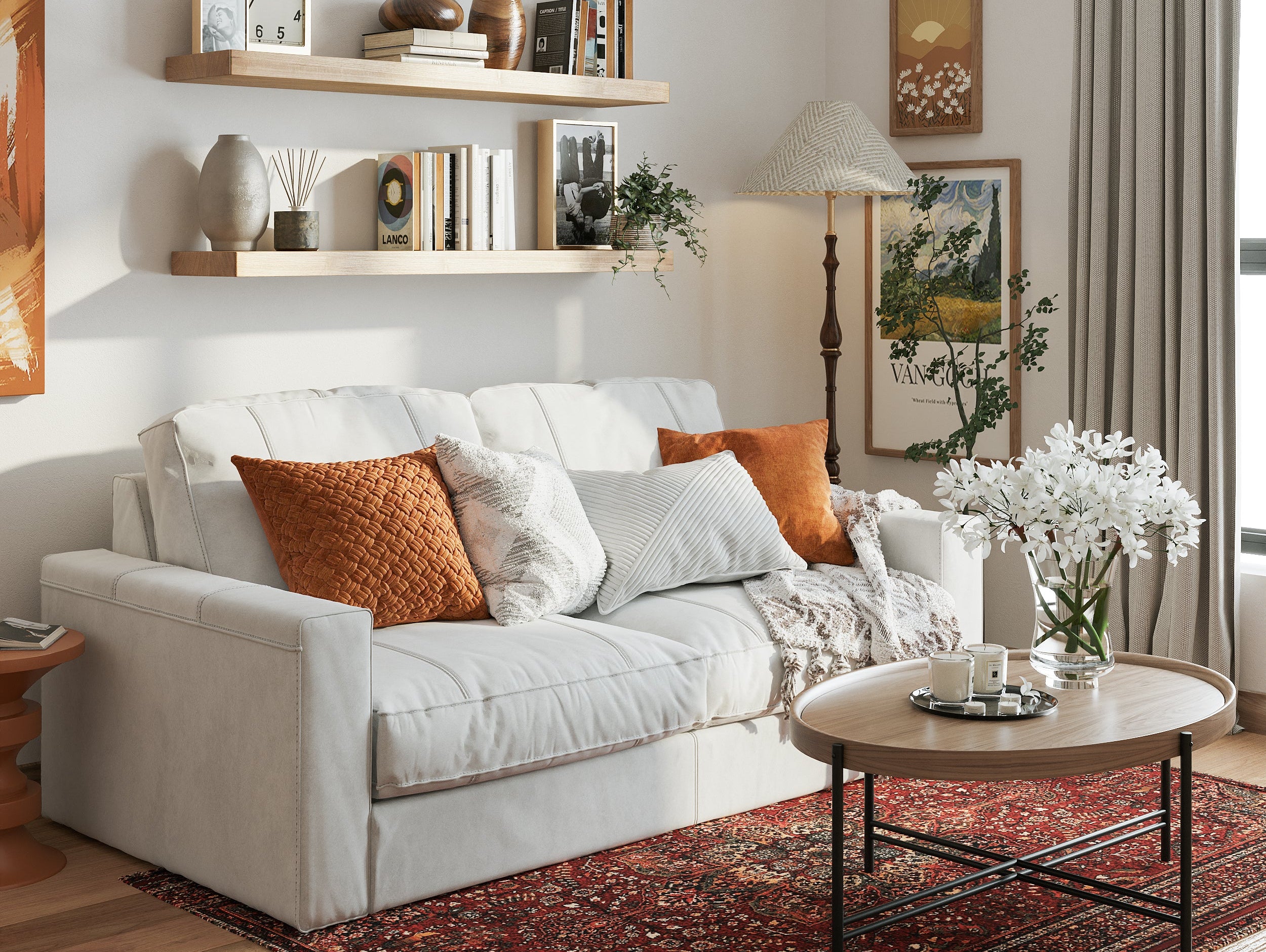 BOIS hidden-bracket floating shelf creating a seamless floating look in a living room