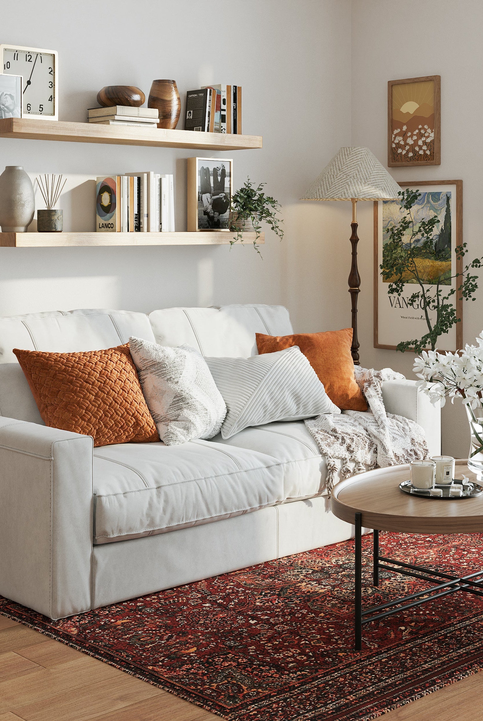 BOIS hidden-bracket floating shelf creating a seamless floating look in a living room