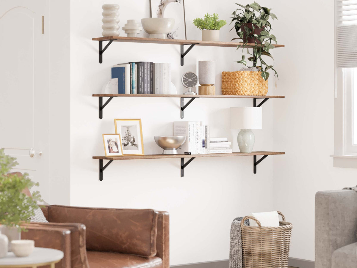 FORME burnt floating wall shelf styled in a farmhouse space