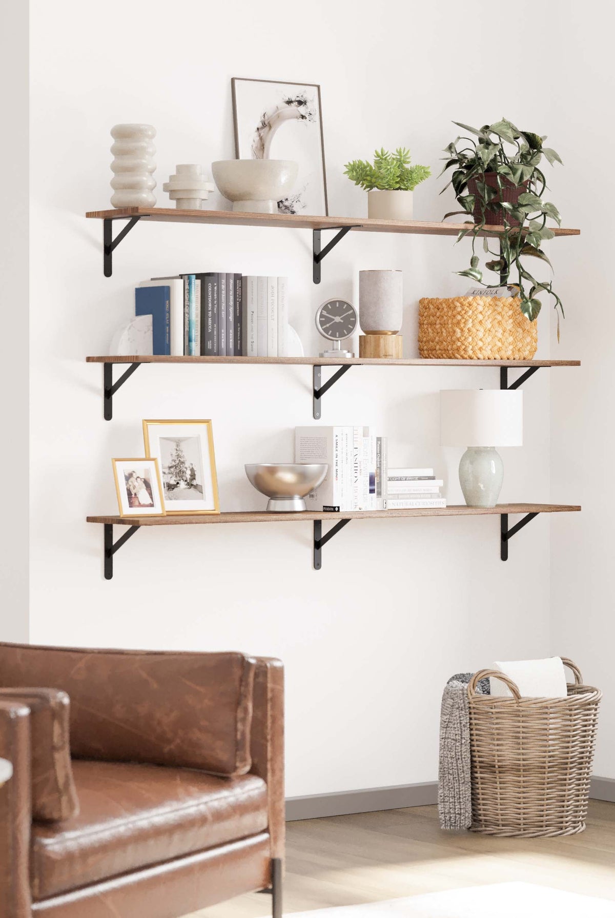FORME burnt floating wall shelf styled in a farmhouse space