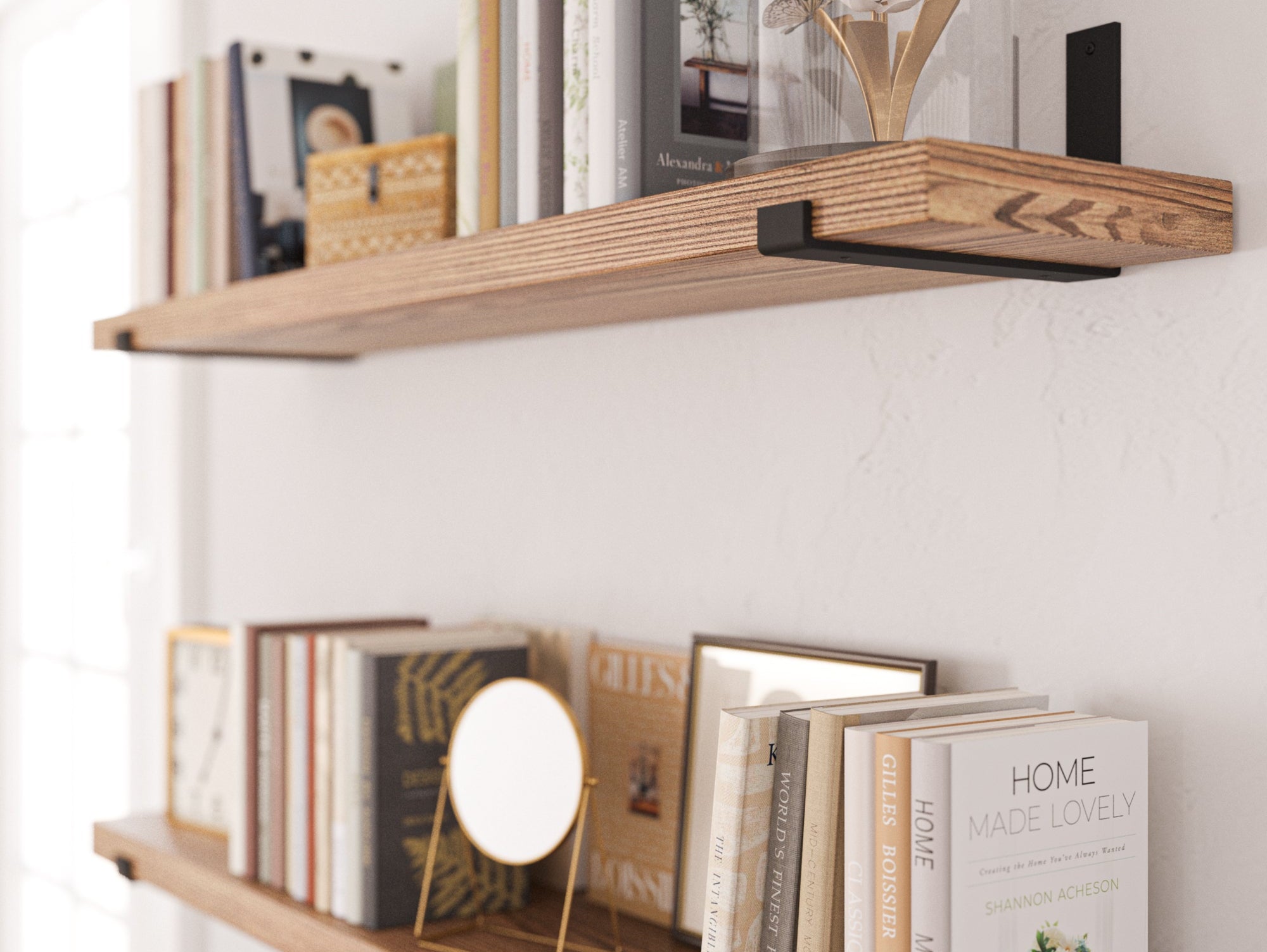 FORTE burnt wood floating shelf styled in a modern farmhouse living room