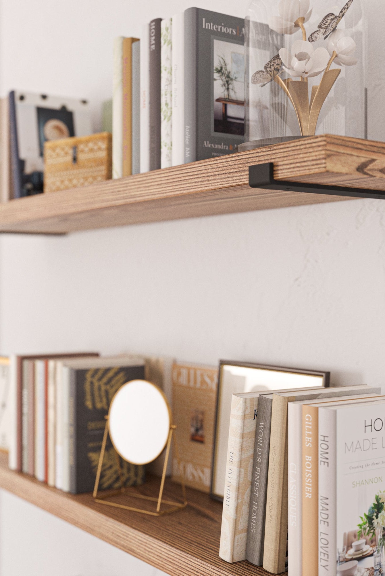 FORTE burnt wood floating shelf styled in a modern farmhouse living room