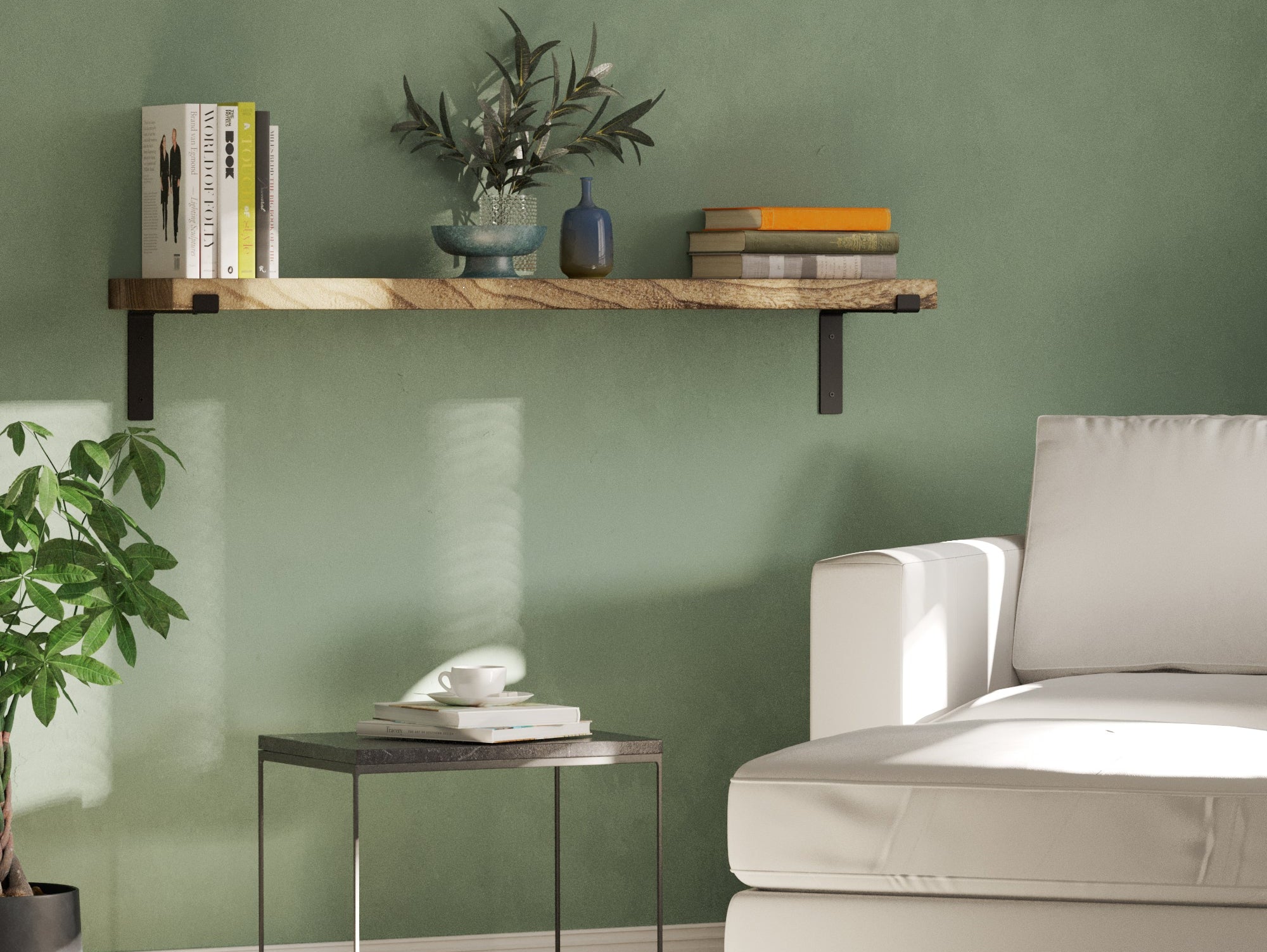 MENTON burnt finish floating wall shelves styled with books in a rustic farmhouse reading corner