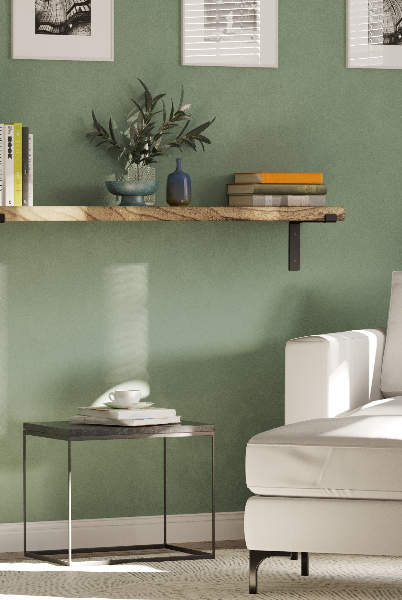 MENTON burnt finish floating wall shelves styled with books in a rustic farmhouse reading corner