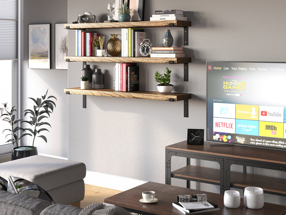MENTON burnt finish floating wall shelves styled in a cozy rustic farmhouse room