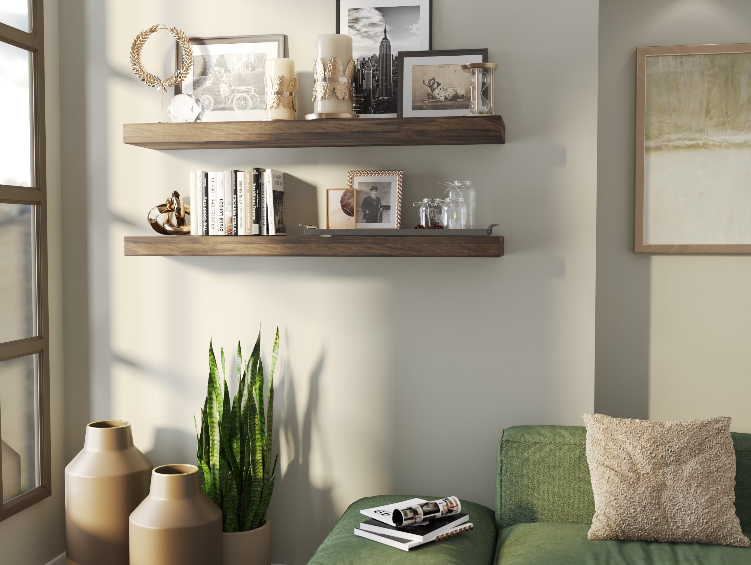 PINO 2.5 inch thick floating wall shelf in Espresso finish styled in a modern living room