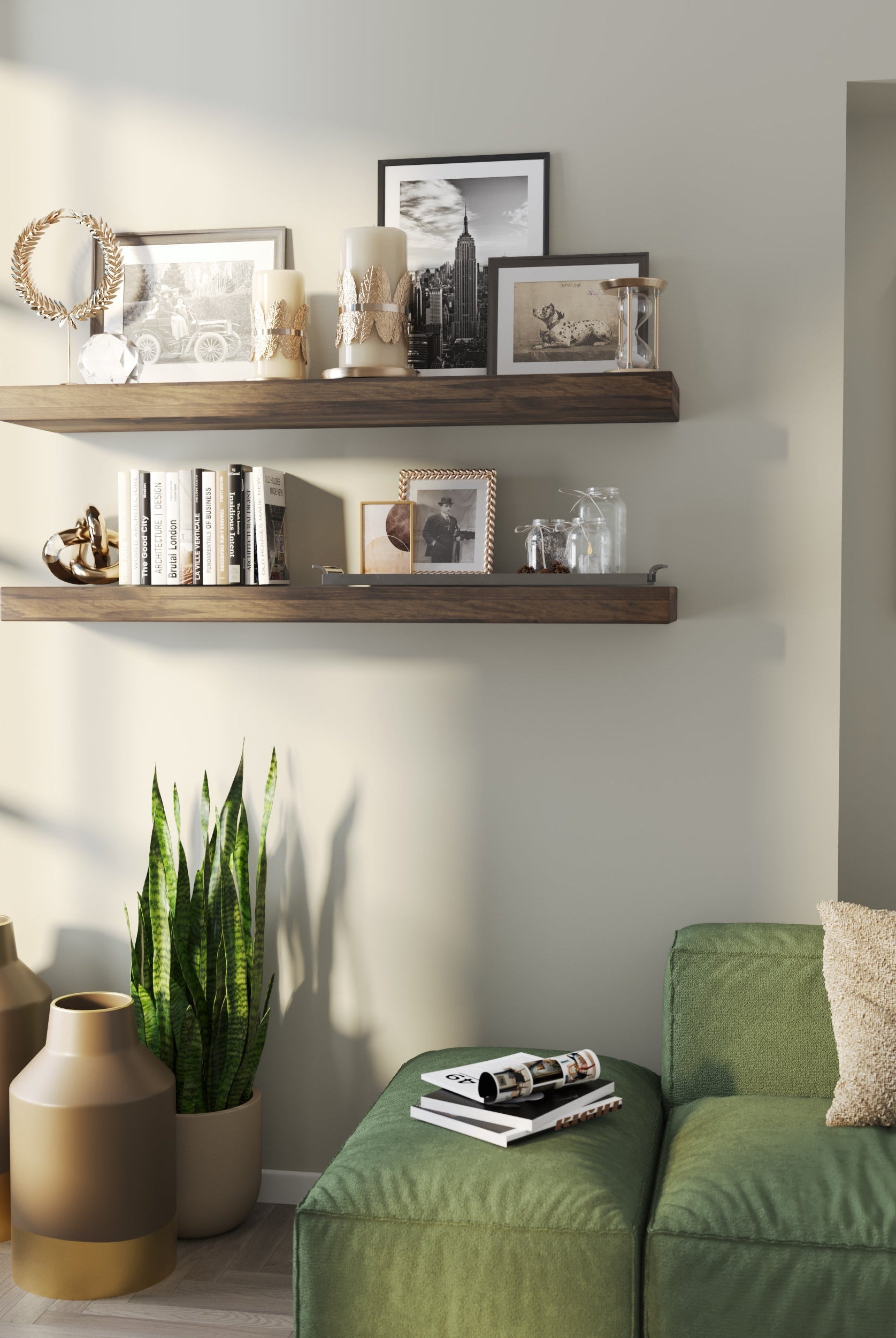 PINO 2.5 inch thick floating wall shelf in Espresso finish styled in a modern living room