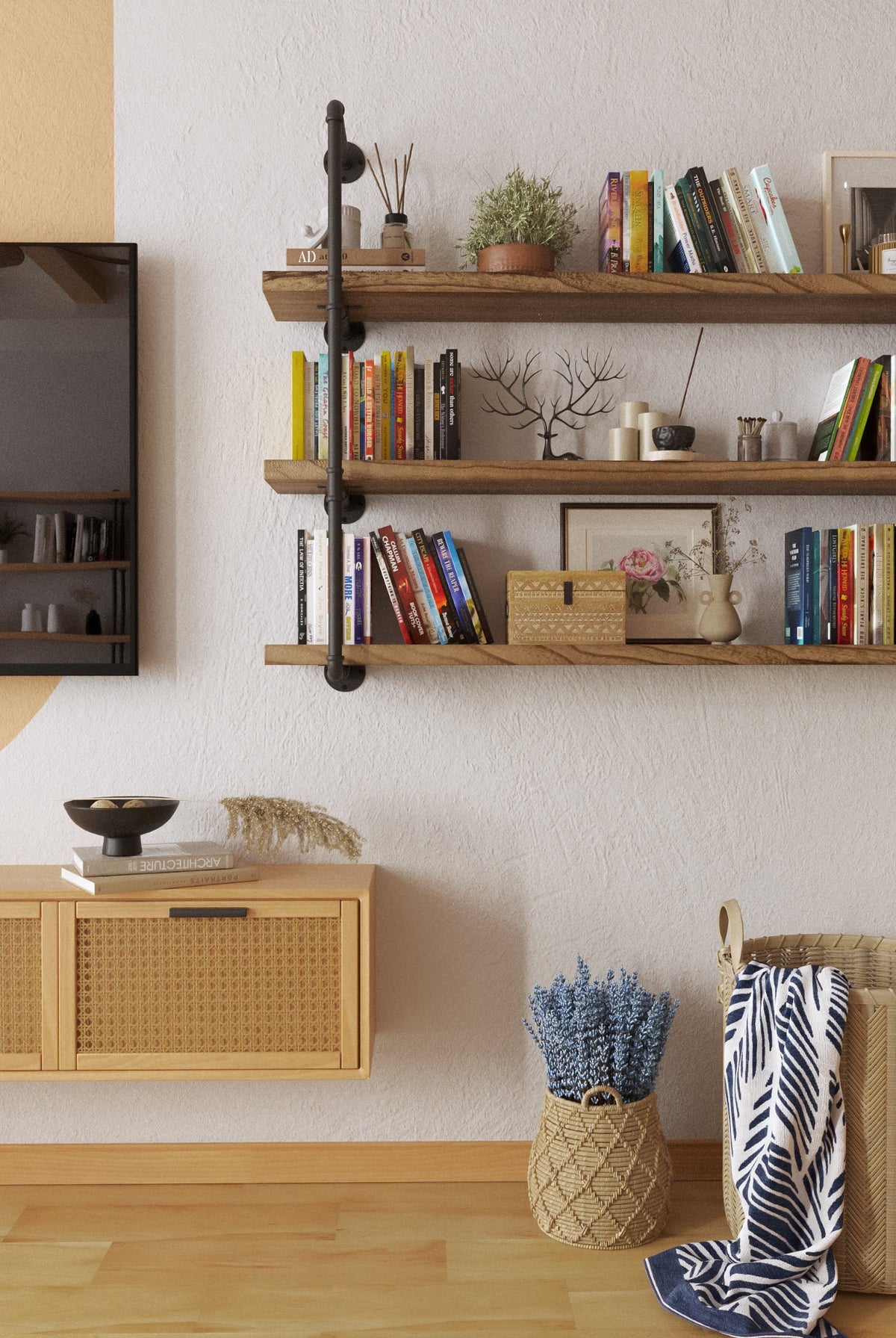 PIPE 60 inch bracket shelf with burnt boards styled with books and plants in a living room