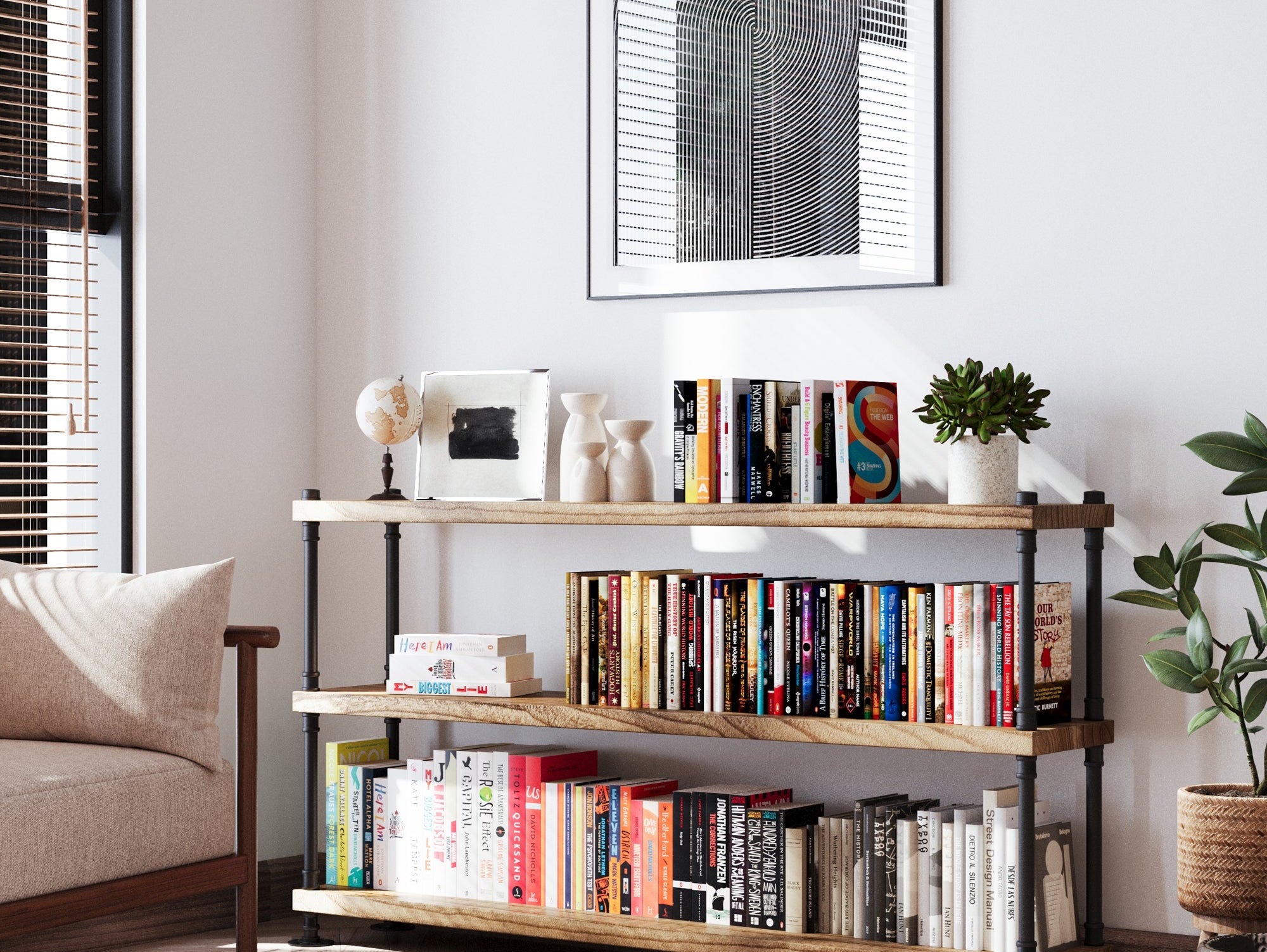 Wallniture PIPE bookcase with burnt wood boards and black pipe frame in a loft-style living room