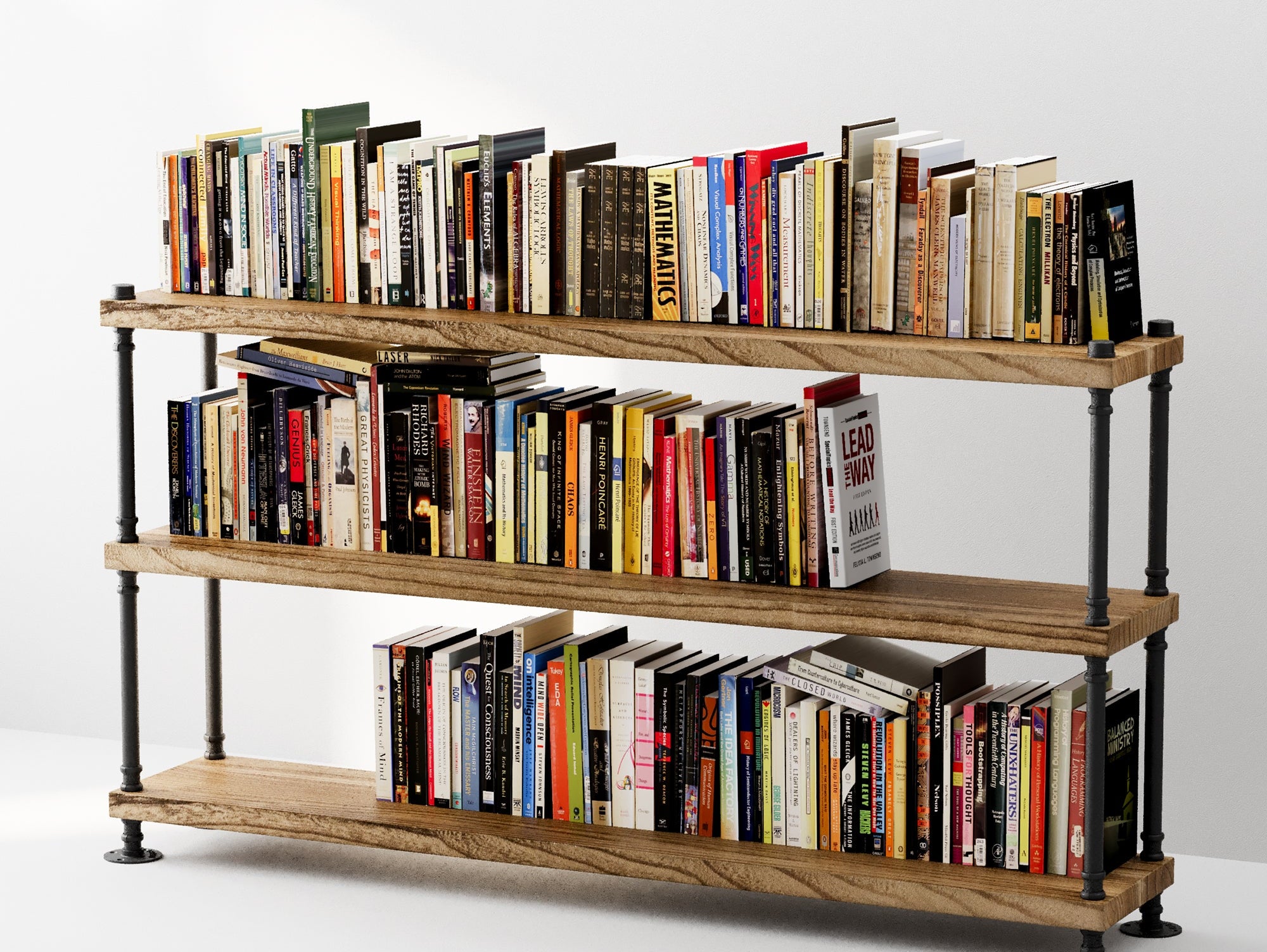 60 inch PIPE bookcase with black pipe brackets and burnt solid wood boards for a small apartment