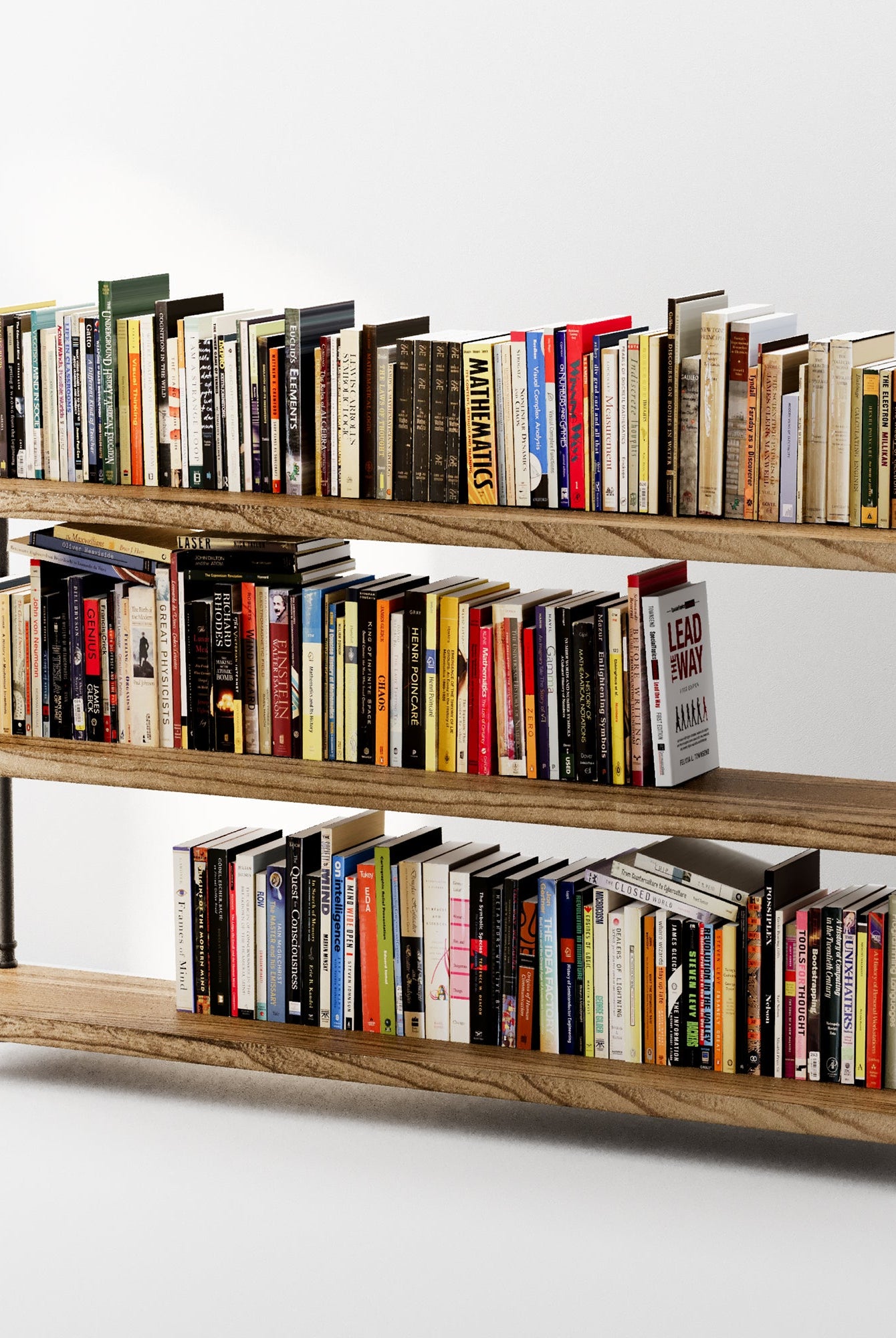 60 inch PIPE bookcase with black pipe brackets and burnt solid wood boards for a small apartment