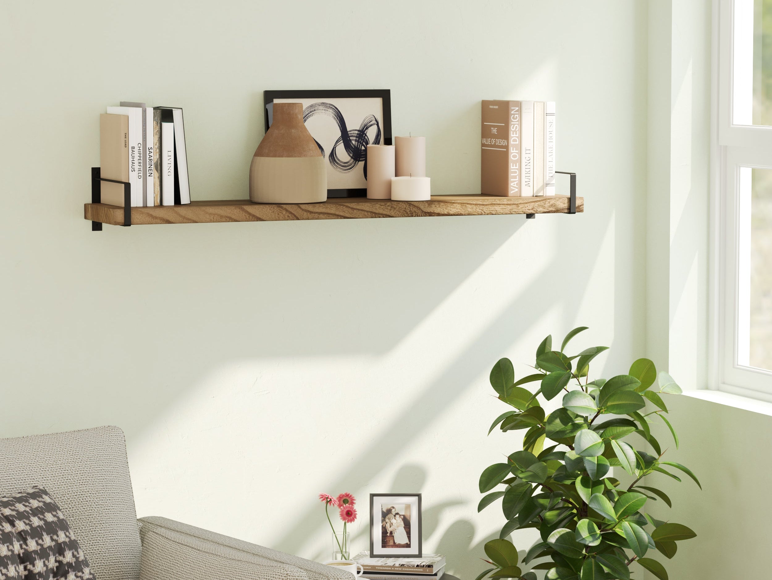 TOLEDO Burnt finish solid wood floating wall shelf styled in a warm farmhouse interior