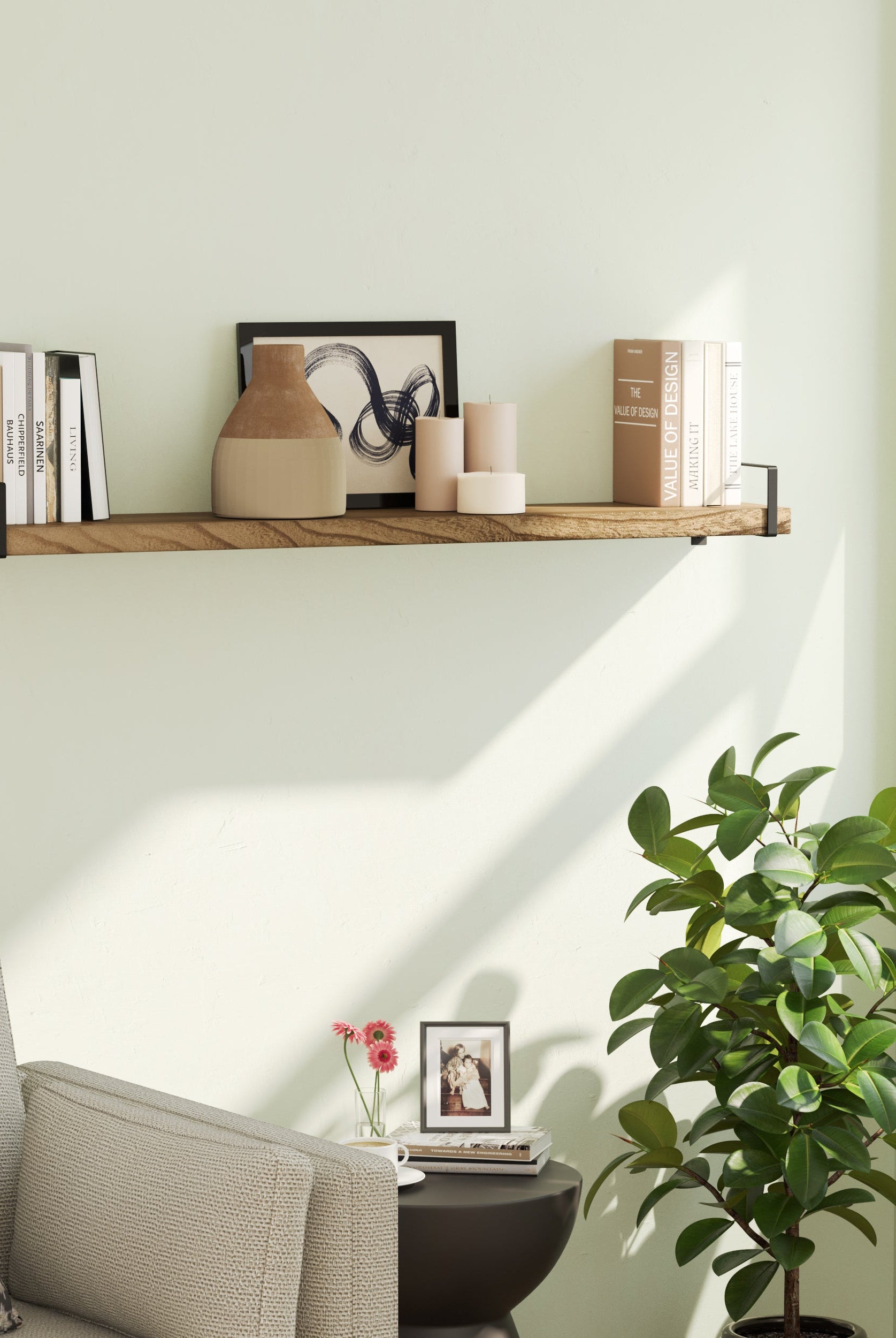 TOLEDO Burnt finish solid wood floating wall shelf styled in a warm farmhouse interior