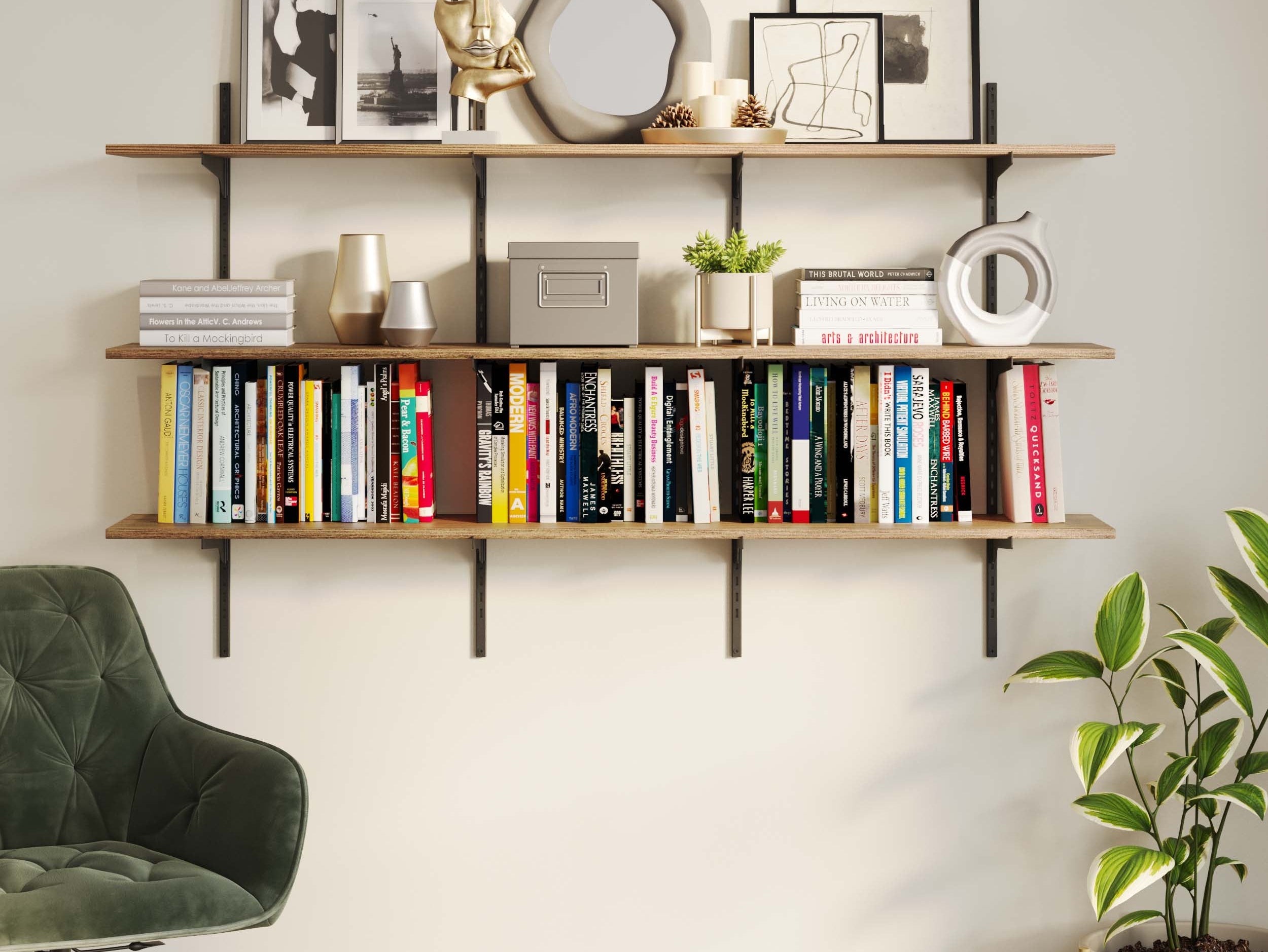 TURIN adjustable wall shelves in burnt finish holding storage along a utility wall