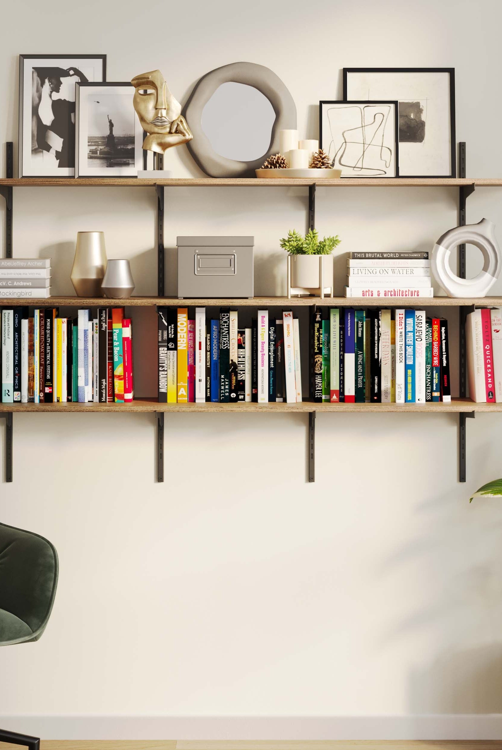 TURIN 60 inch adjustable wall shelves in burnt finish styled in a living room