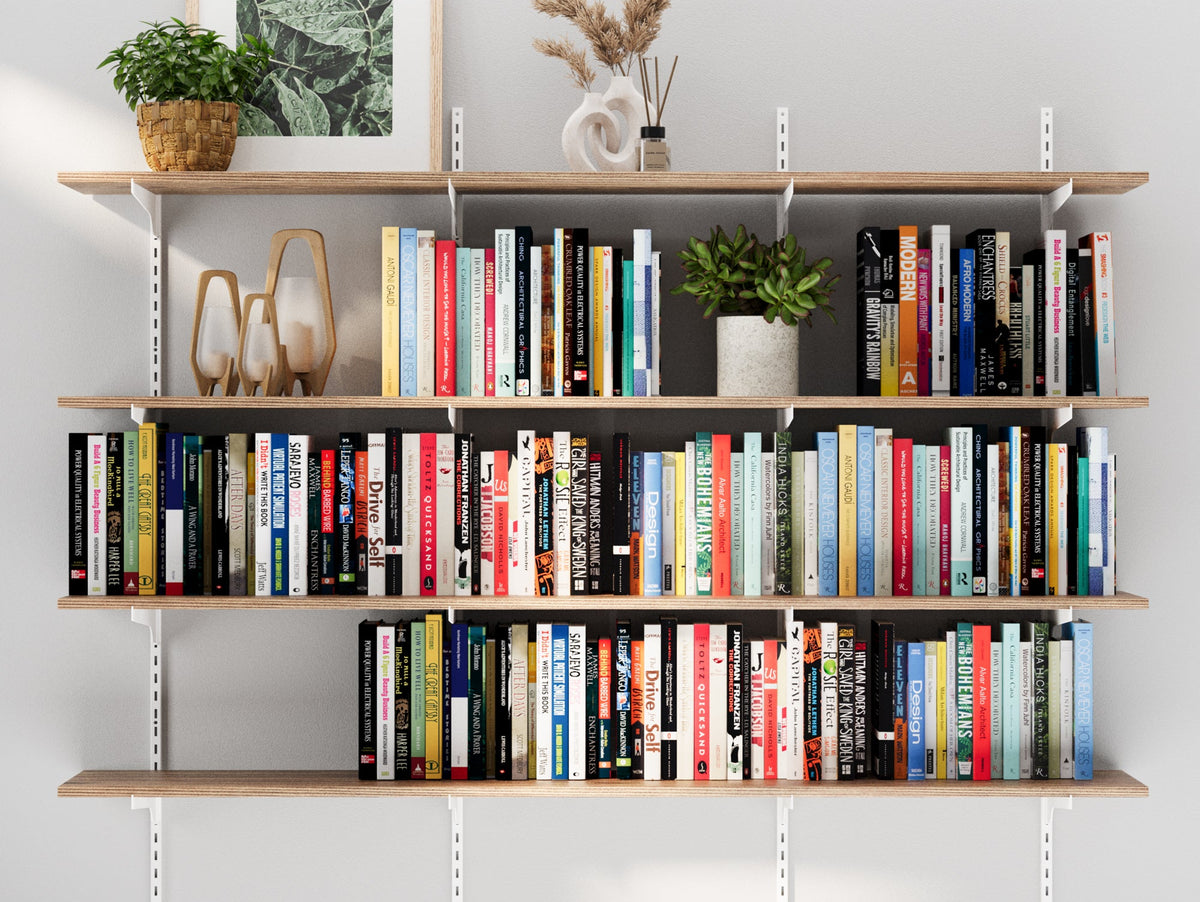 TURIN 60 inch adjustable wall shelves in Burnt finish mounted on rail brackets