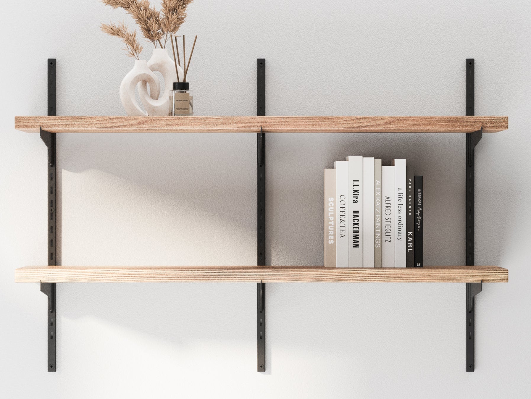 TURIN adjustable wall shelves in Burnt finish with solid wood boards and metal brackets