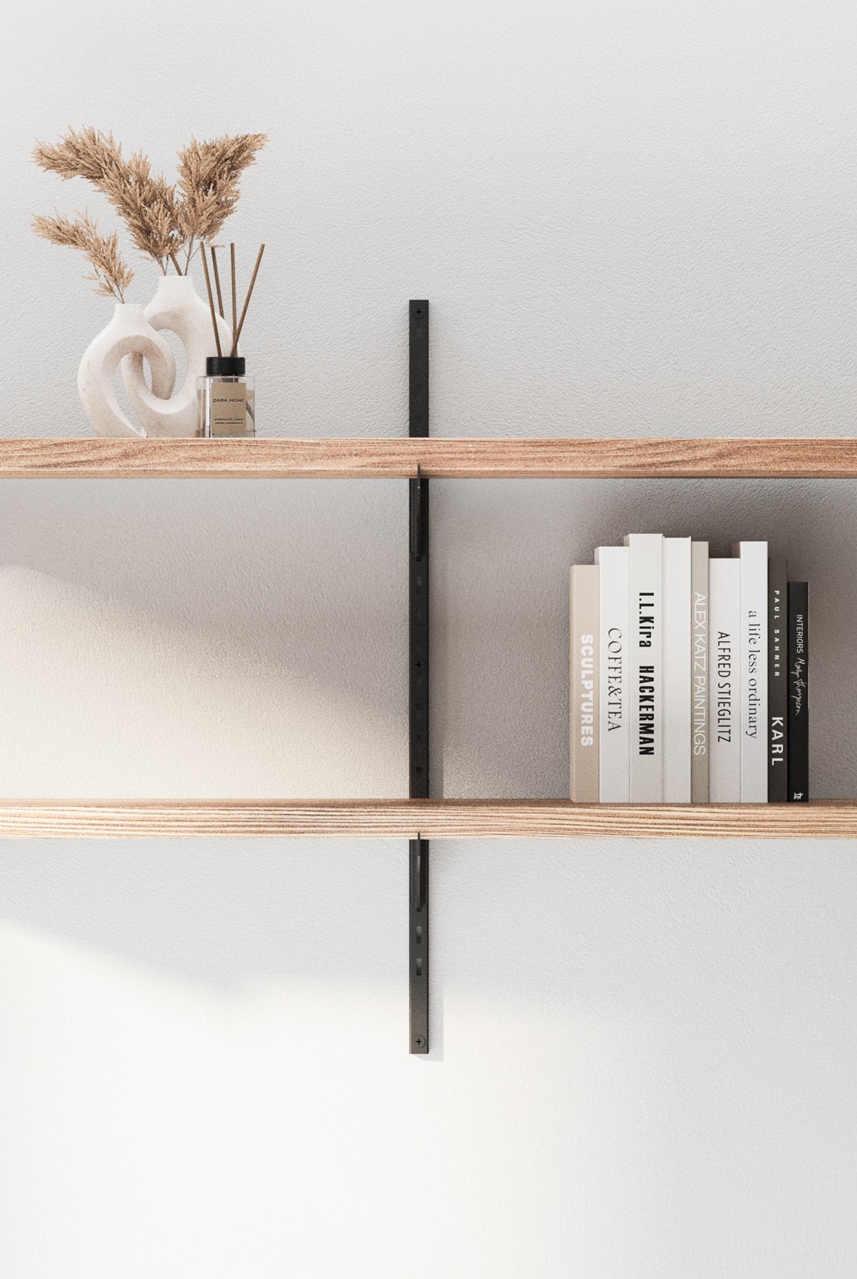 TURIN adjustable wall shelves in Burnt finish with solid wood boards and metal brackets