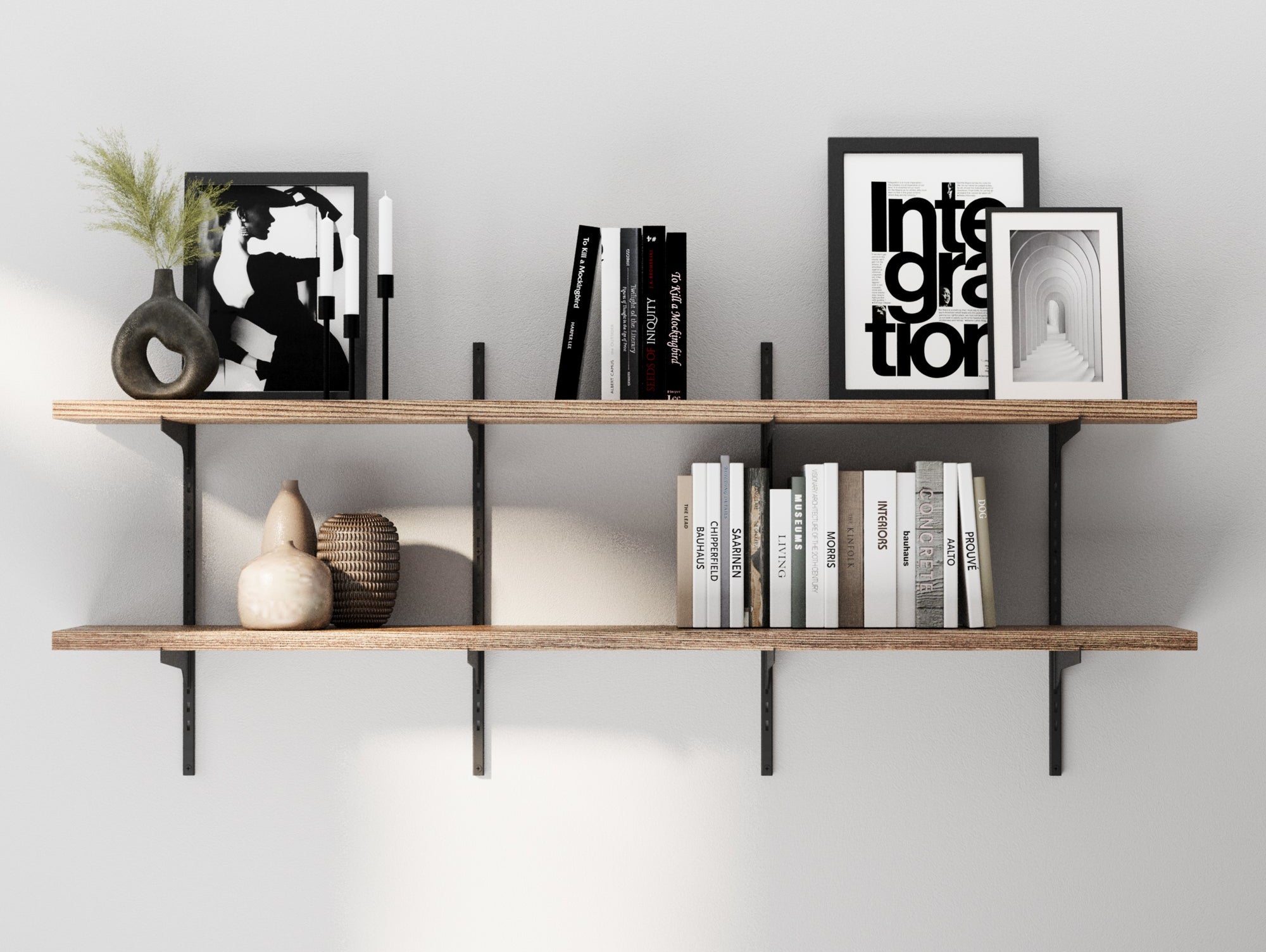 TURIN 60-inch adjustable wall shelves in Burnt finish with 10-inch deep solid wood boards