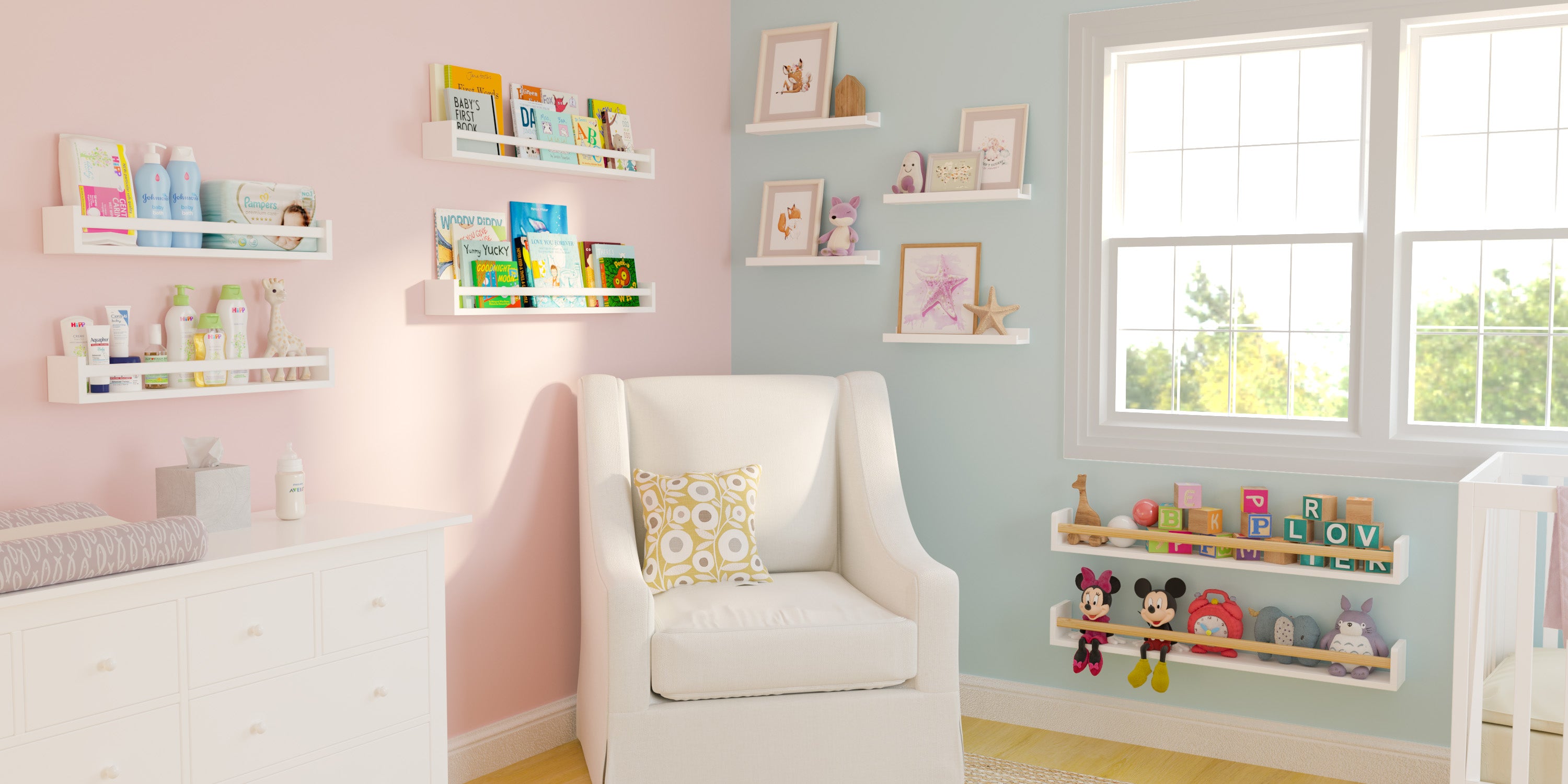 a light-filled, neatly organized children's room. Two white wall mounted bookshelves for kids display colorful children's books. Nearby, a framed motivational poster reads "You are smart. You are important.