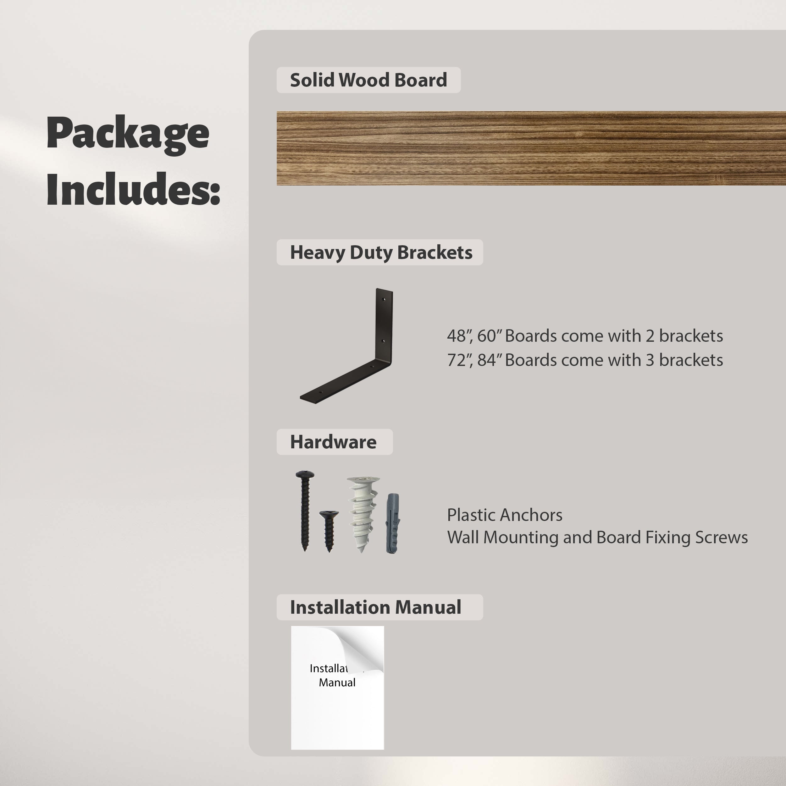 "Package Includes" details for Cervo wall shelves for living room. It shows a solid wood board, heavy-duty brackets (2 or 3 depending on size), hardware (anchors and screws), and an installation manual for easy setup.