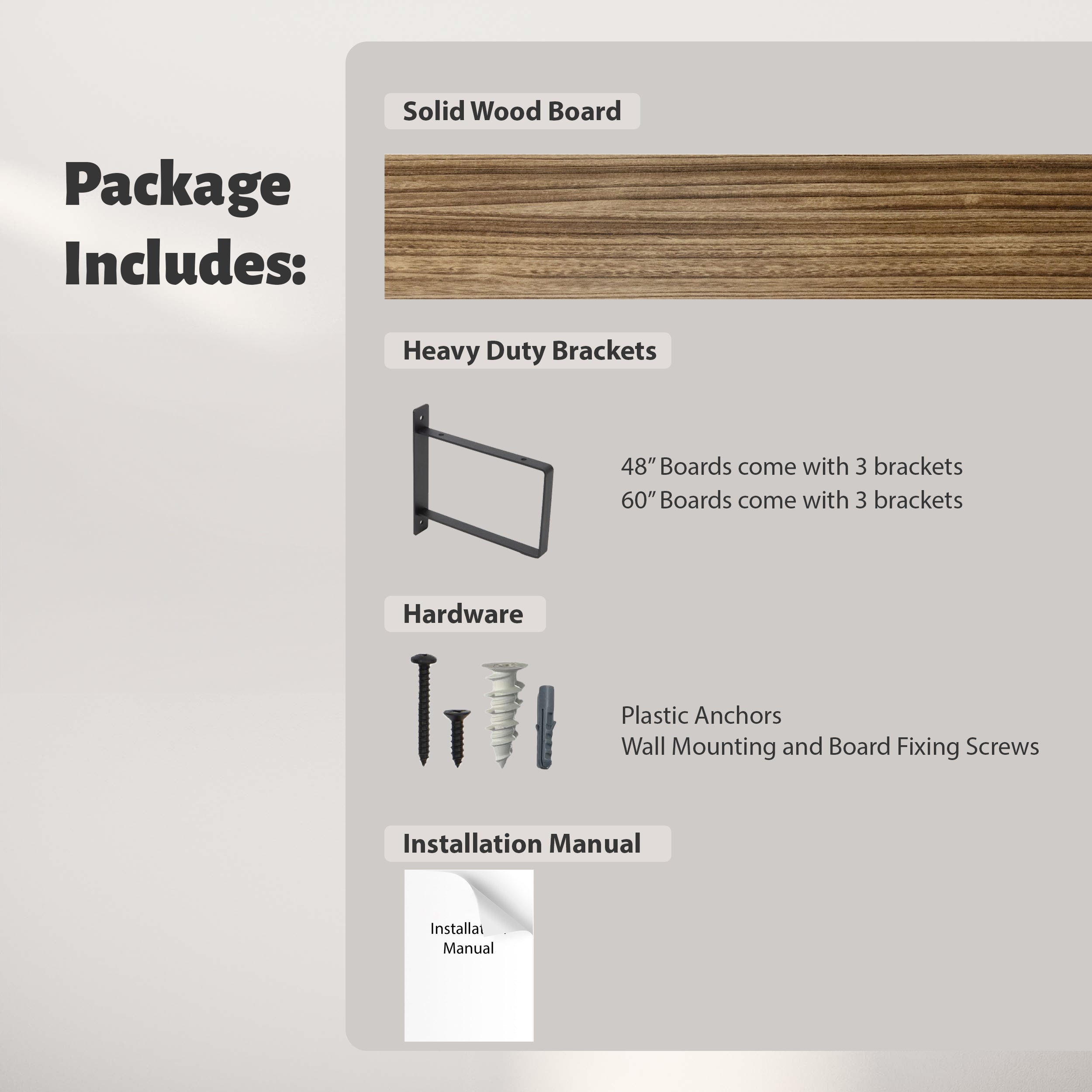 A package content overview featuring a solid wood board, heavy-duty brackets, plastic anchors, mounting screws, and an installation manual for 48” and 60” floating shelves.