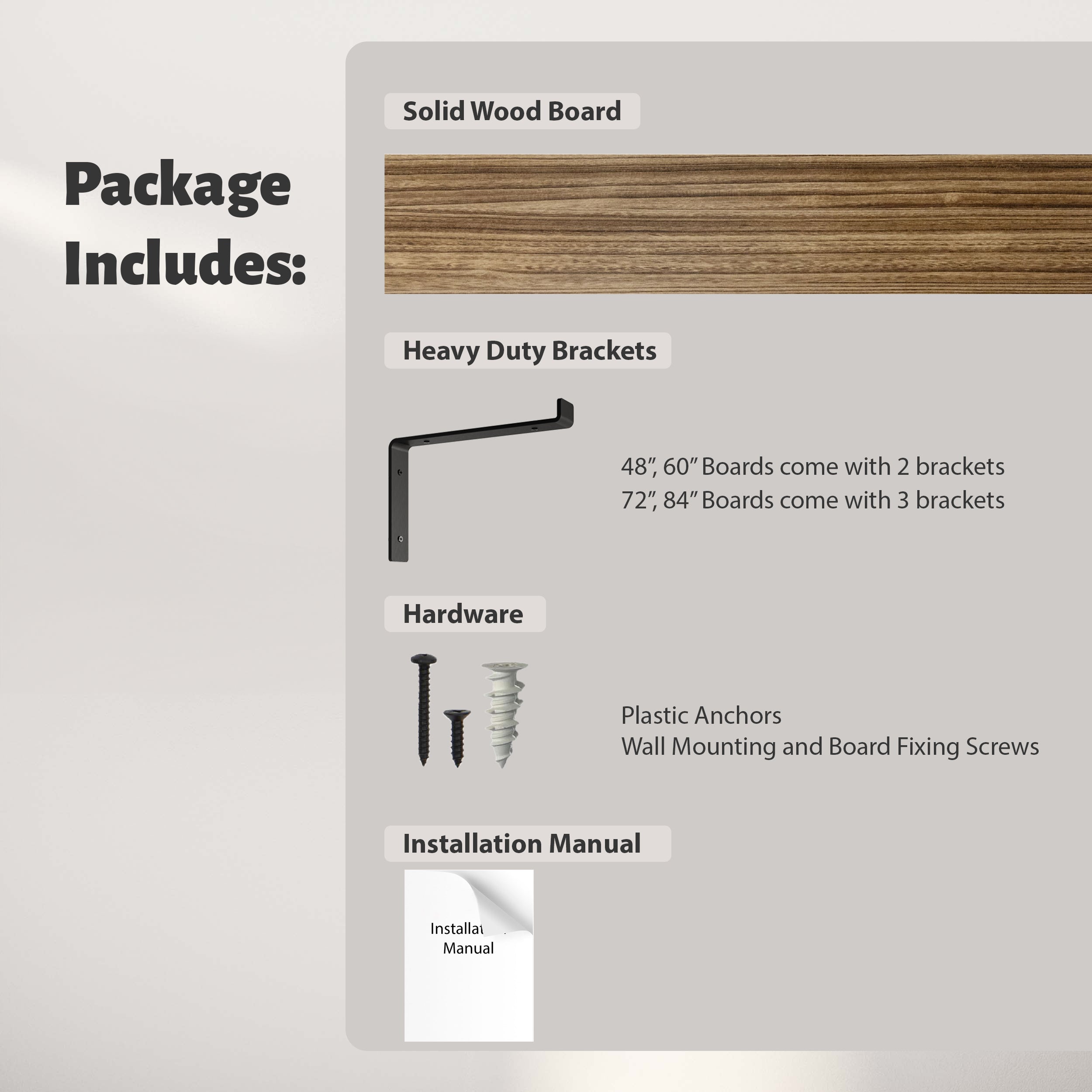 A package overview image displaying a solid wood board, heavy-duty black brackets, screws, and an installation manual for shelving.