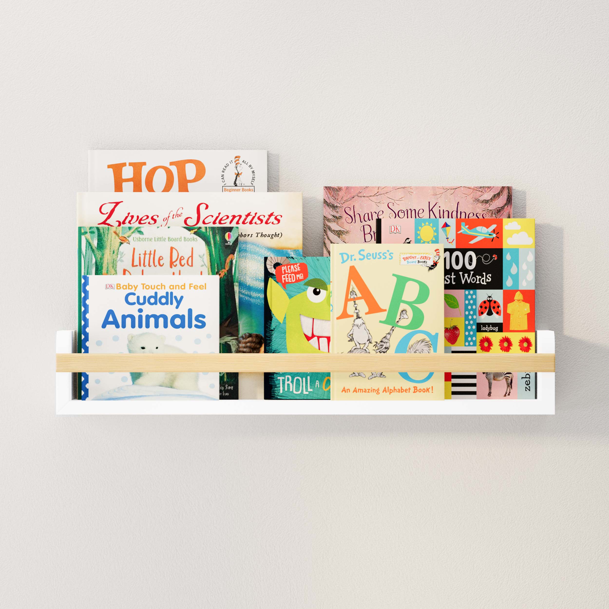 The kids book shelf used as a book display, showcasing a variety of colorful children's books. The white shelf and natural wooden rod contrast beautifully with the vibrant book covers.