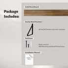 A package contents: a solid wood board, three sturdy black metal brackets (for 48" and 60" boards), plastic anchors, wall mounting screws, and an installation manual—everything needed for a secure shelf setup.