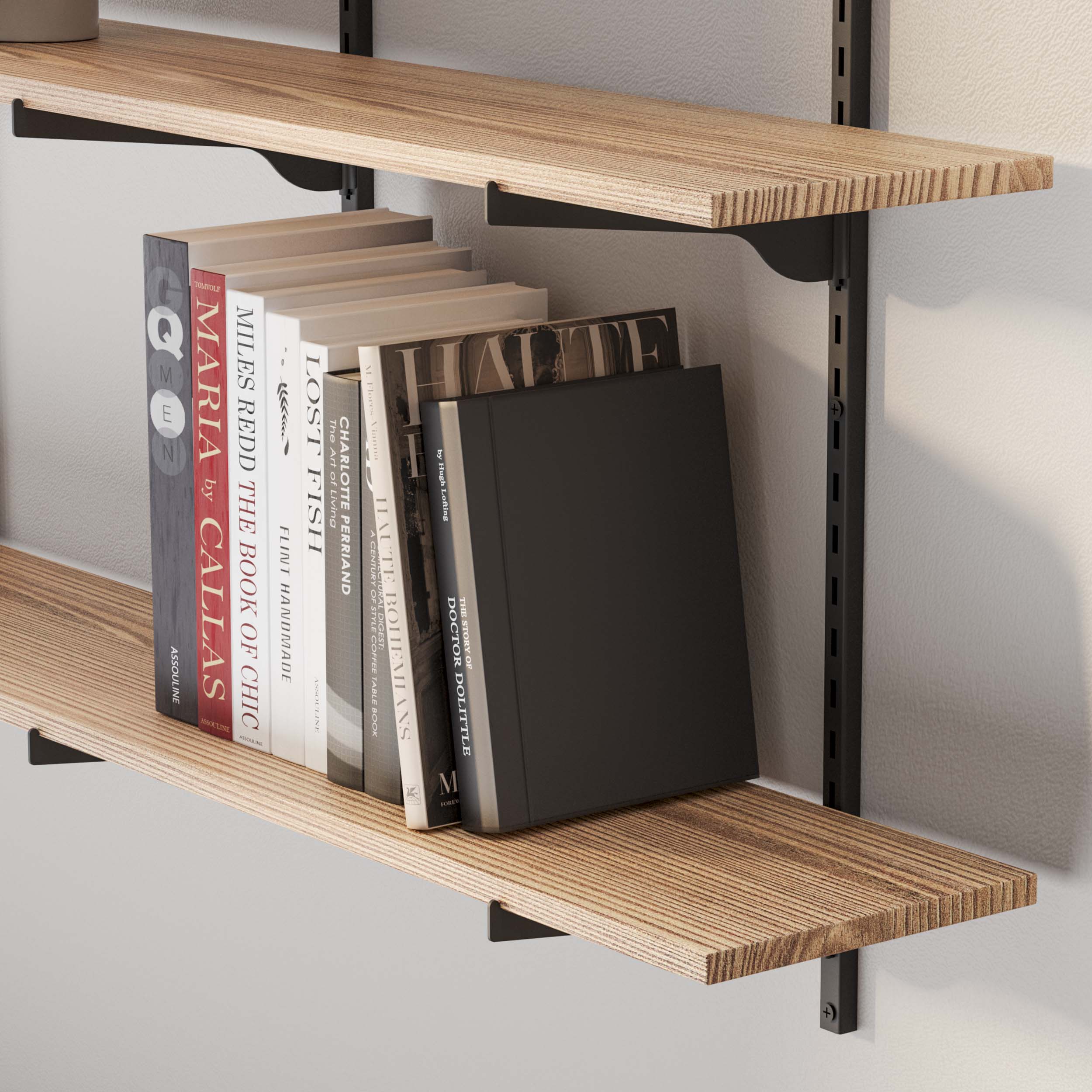 Close-up of a bookshelf for wall showing a variety of book spines, including titles about Maria Callas and Charlotte Brontë, emphasizing a literary and sophisticated ambiance.