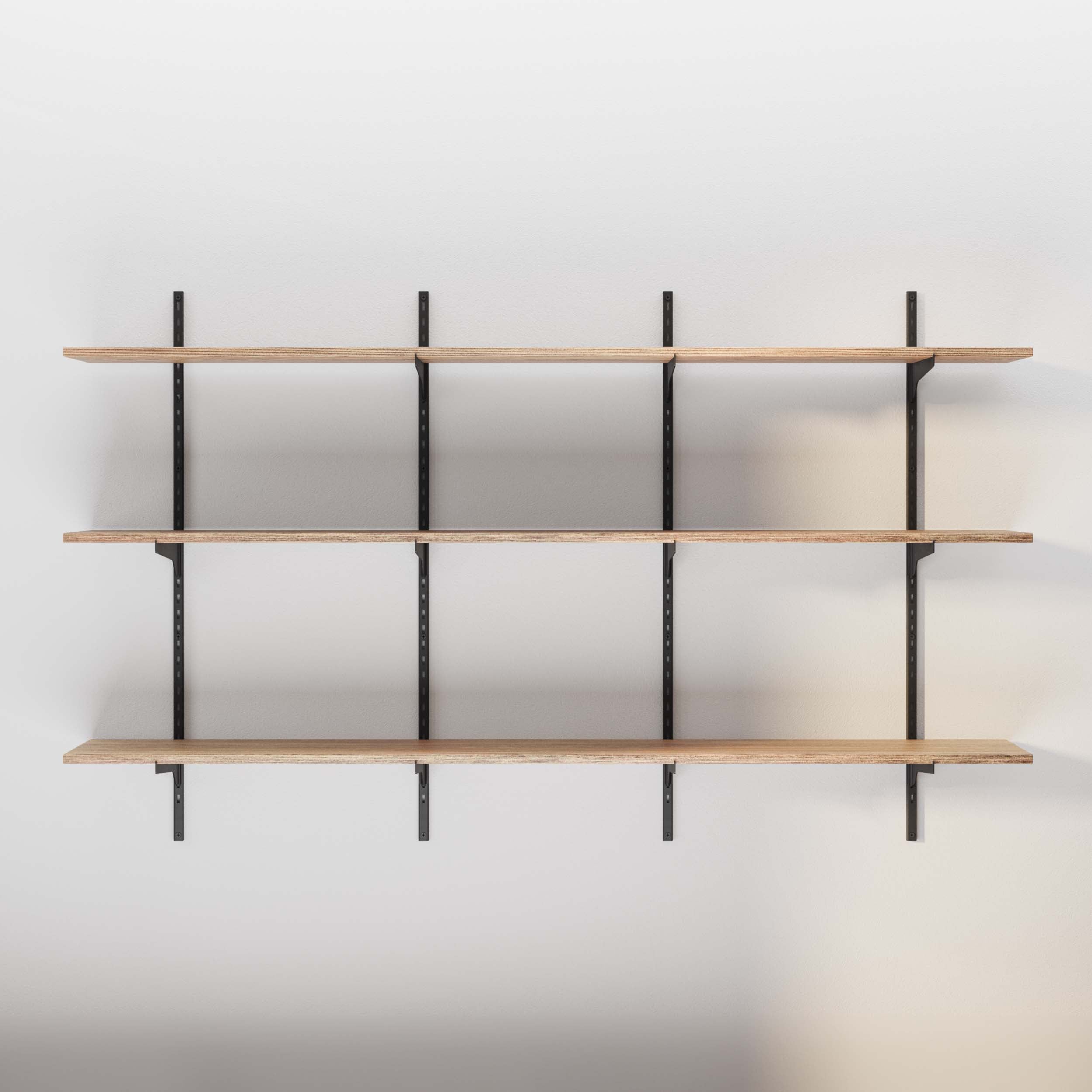 Empty organizer shelves burnt installed on a white wall, clean lines, and modern design awaiting personal items.