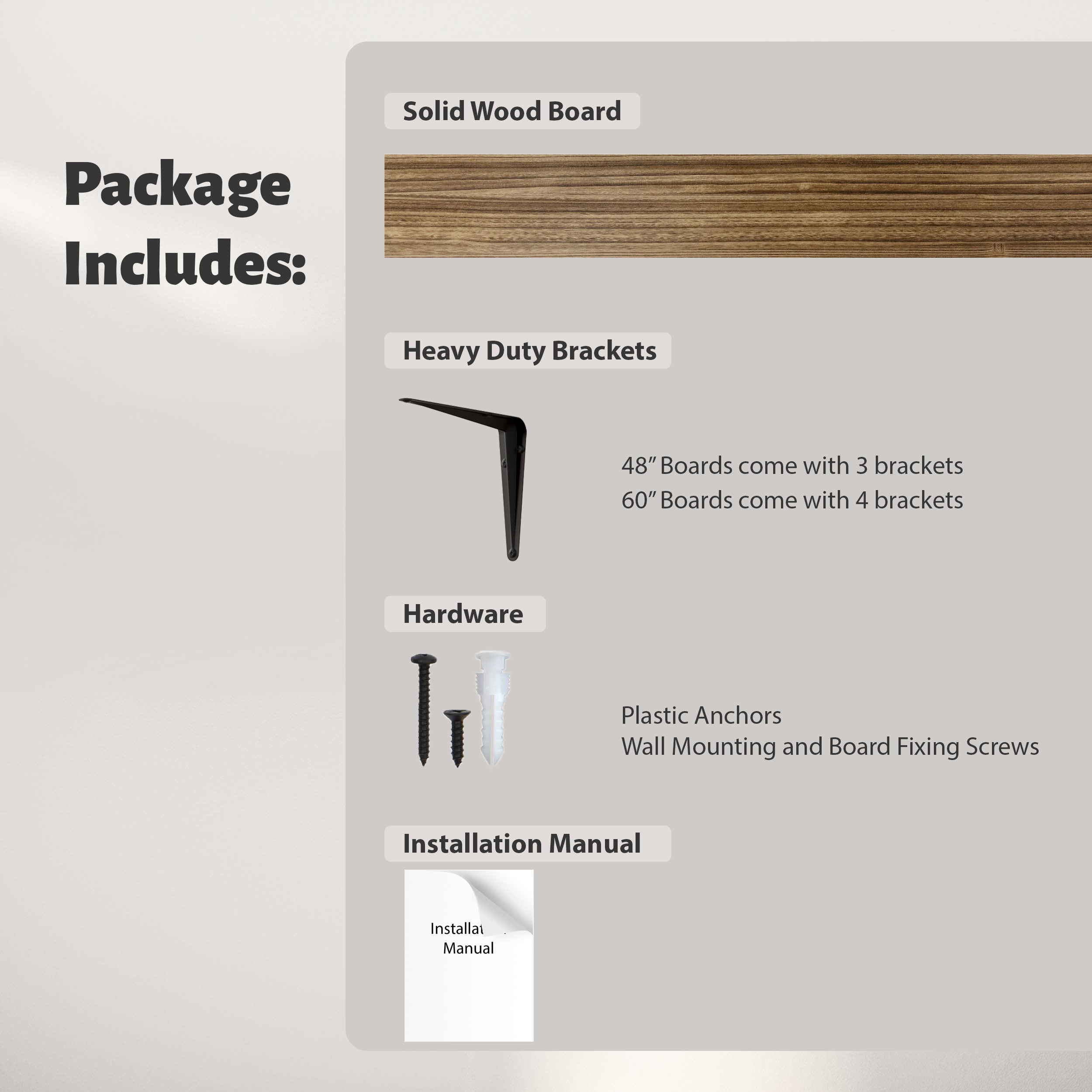 All included parts: a solid wood board, heavy-duty black brackets (3 for 48", 4 for 60"), screws, plastic anchors, and an installation manual for easy wall mounting.