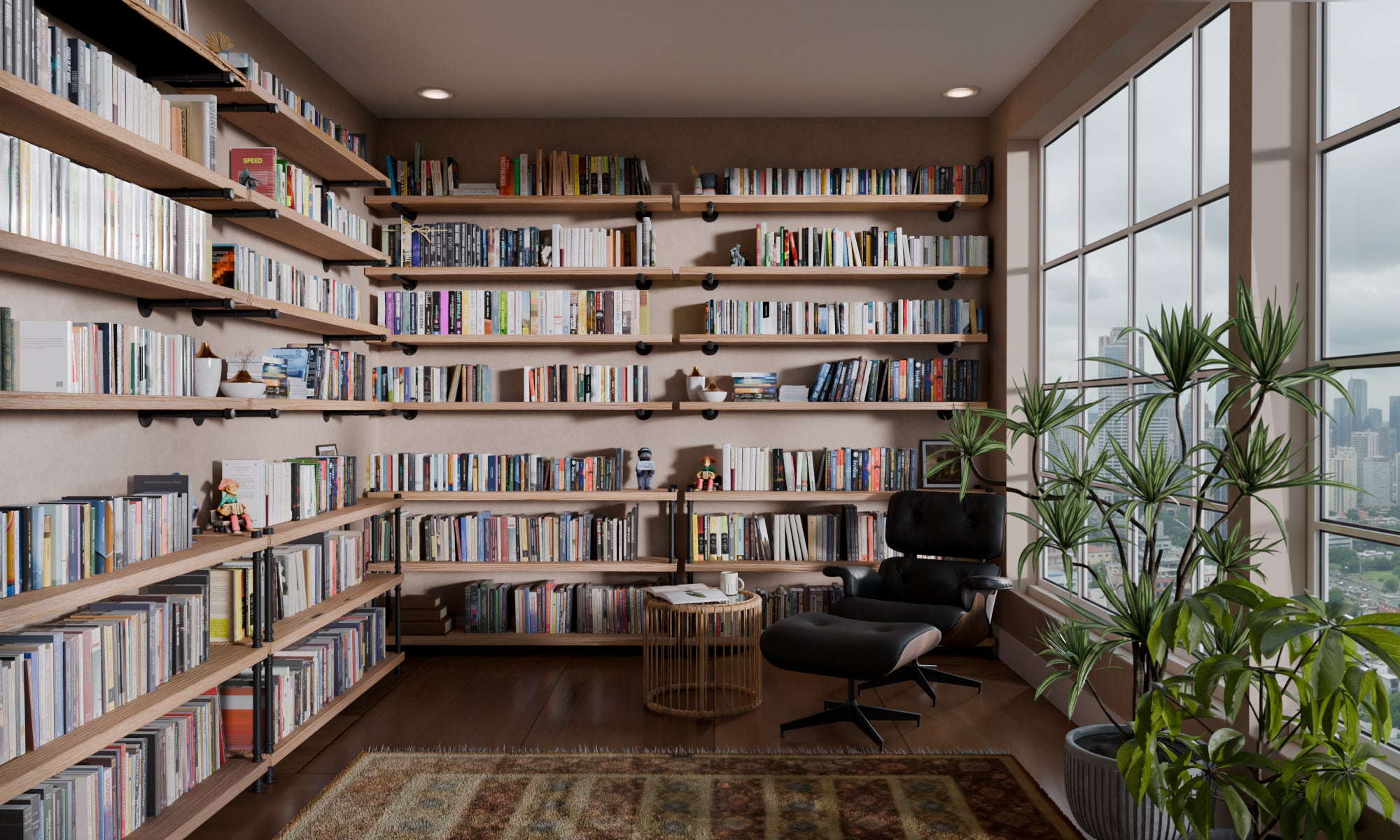 Library with bookshelves filled with books, a desk, and a chair near large windows with a city view.