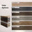 Six wood color options: Special Walnut, Ebony, Espresso, Classic Gray, Provincial, and Dark Walnut. A stack of wooden boards on the left displays various stains, emphasizing texture and finish choices.