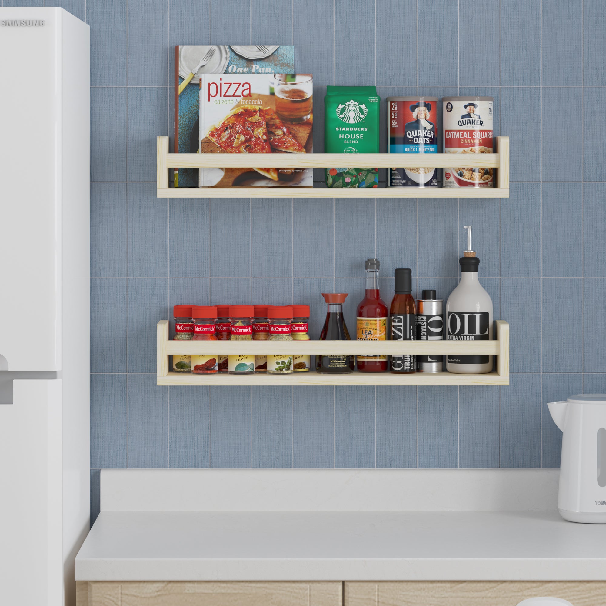 Two natural wood floating shelves for kitchen in a kitchen setting, holding cookbooks, spices, and condiments. Positioned on a blue tiled wall above a countertop, providing practical and stylish storage.